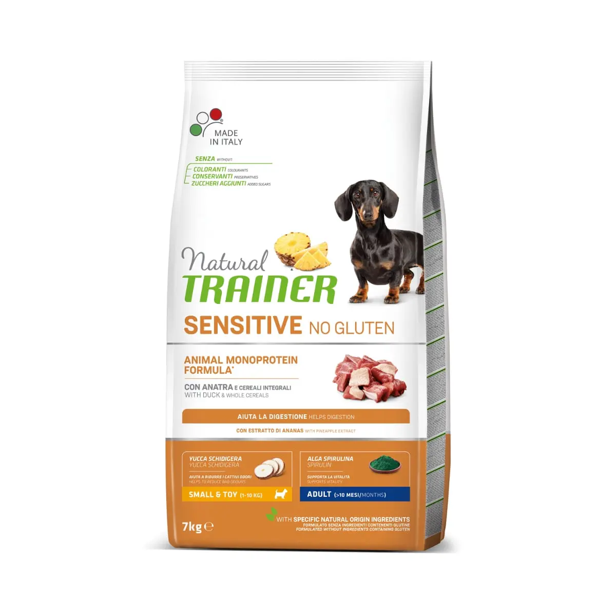 NATURAL TRAINER Sensitive No Gluten, XS-S, Rata, hrana uscata monoproteica caini, sistem digestiv, 7kg