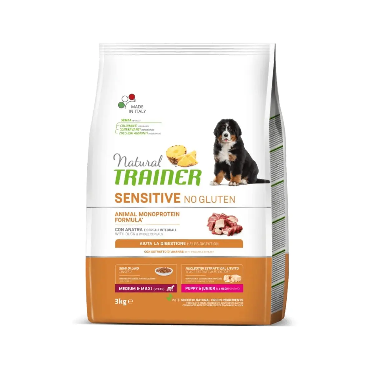 NATURAL TRAINER Sensitive No Gluten Puppy&Junior, M-XL, Rata, hrana uscata monoproteica caini junior, sistem digestiv, 3kg - Image 2