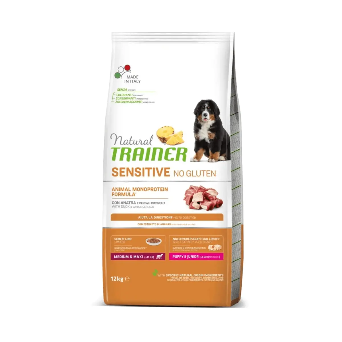 NATURAL TRAINER Sensitive No Gluten Puppy&Junior, M-XL, Rata, hrana uscata monoproteica caini junior, sistem digestiv, 12kg