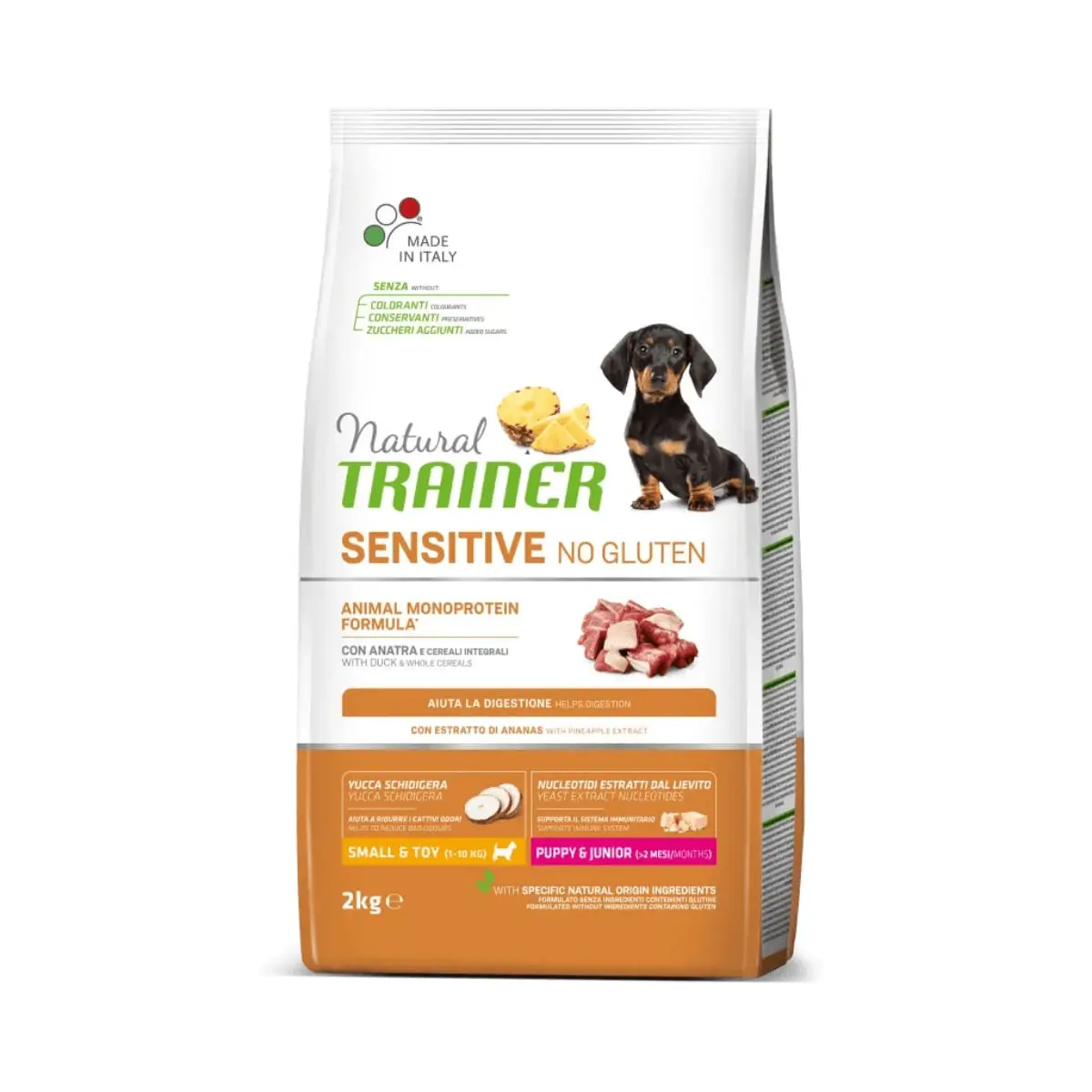 NATURAL TRAINER Sensitive No Gluten, XS-S, Rata, hrana uscata monoproteica caini junior, sistem digestiv, 2kg