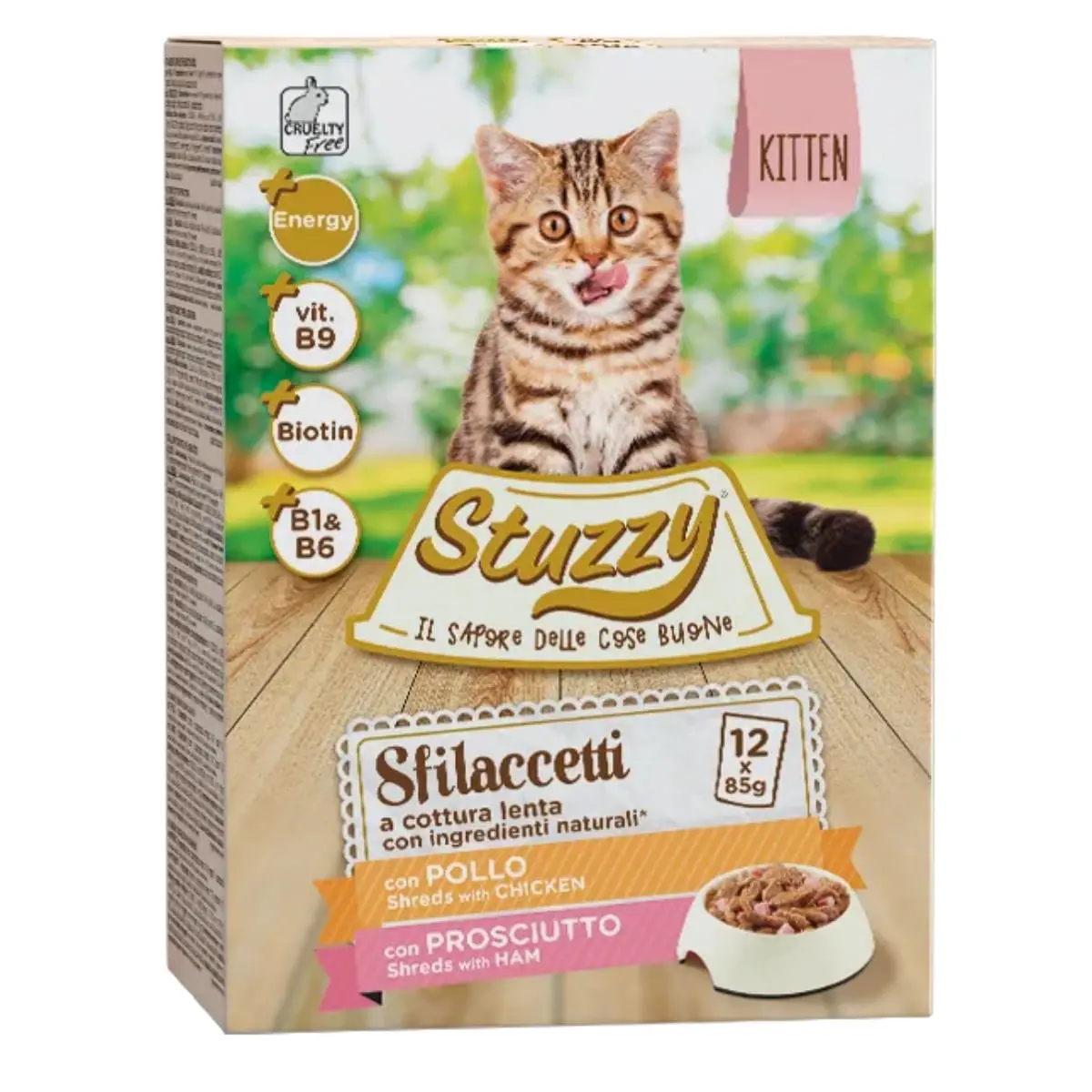 STUZZY Shreds Pack Kitten, Pui si Sunca, plic hrana umeda pisici junior, (in sos), multipack, 85g x 12buc - Image 2