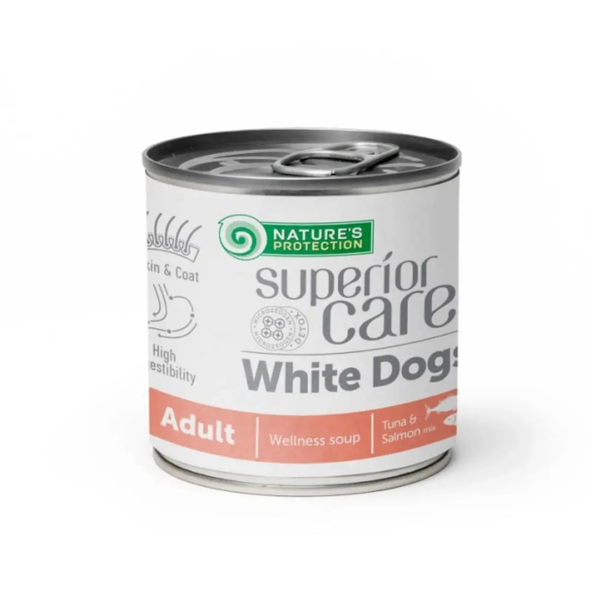 NATURES PROTECTION Superior Care White Dogs, XS-XL, Ton si Somon, conserva hrana lichida fara cereale caini, piele & blana, bax, 140ml x 12buc