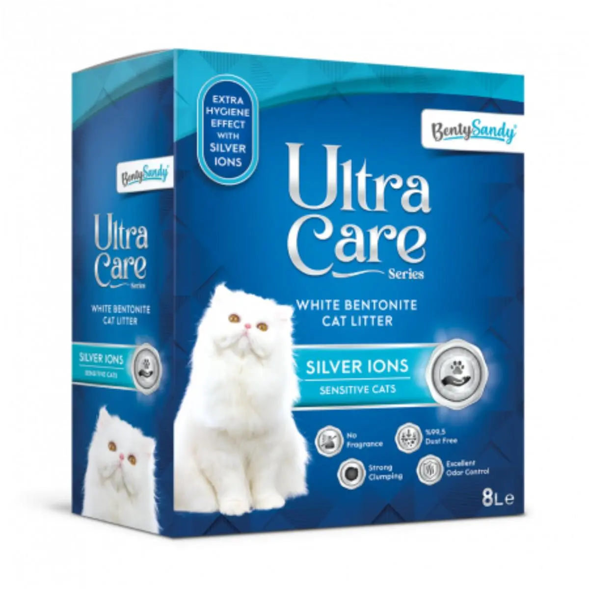 BENTY SANDY Ultra Care Sensitive Silver Ions, neparfumat, asternut igienic pisici, granule, bentonita, aglomerant, neutralizare mirosuri, 8l