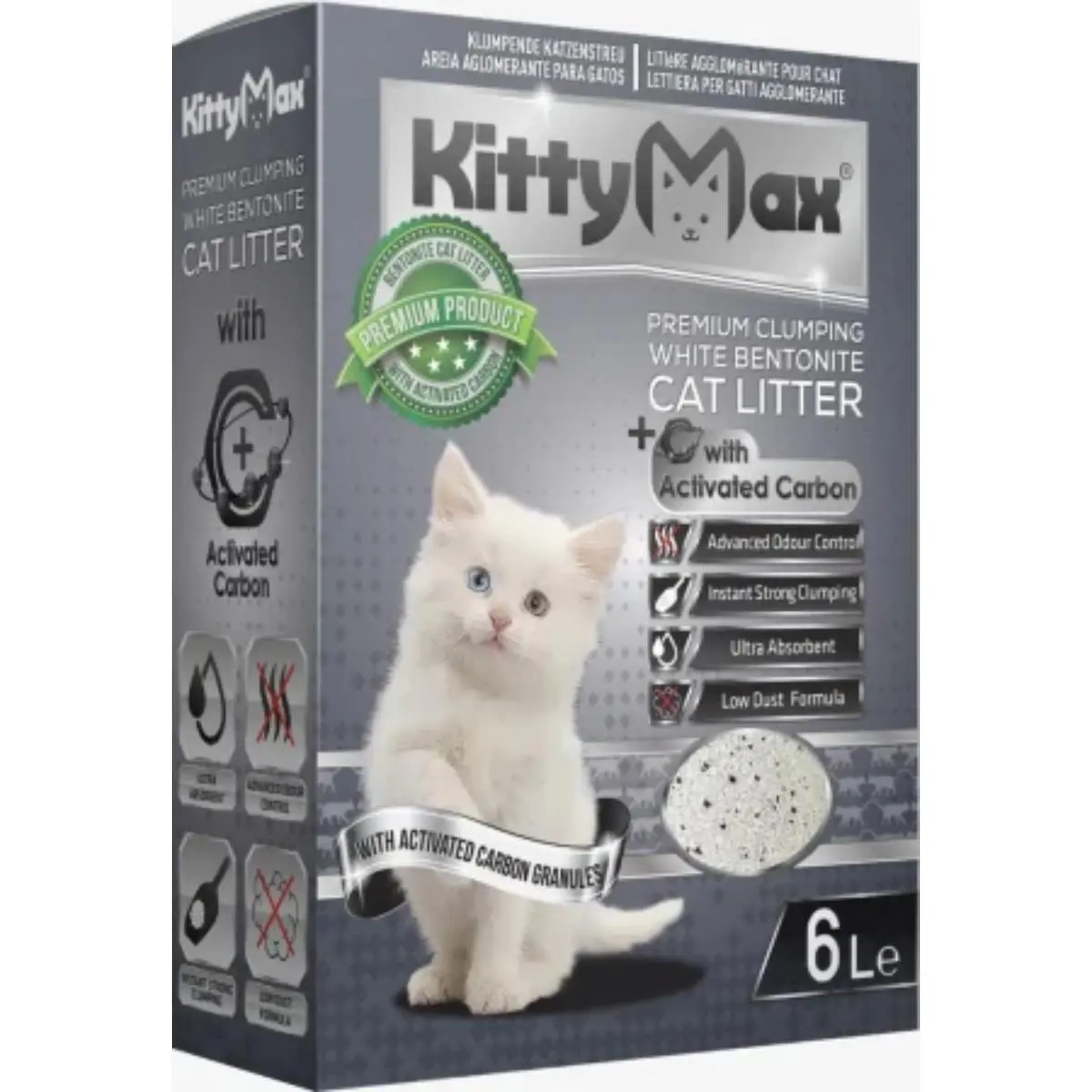 KITTYMAX Active Carbon, neparfumat, asternut igienic pisici, granule, bentonita, aglomerant, fara praf, 6l