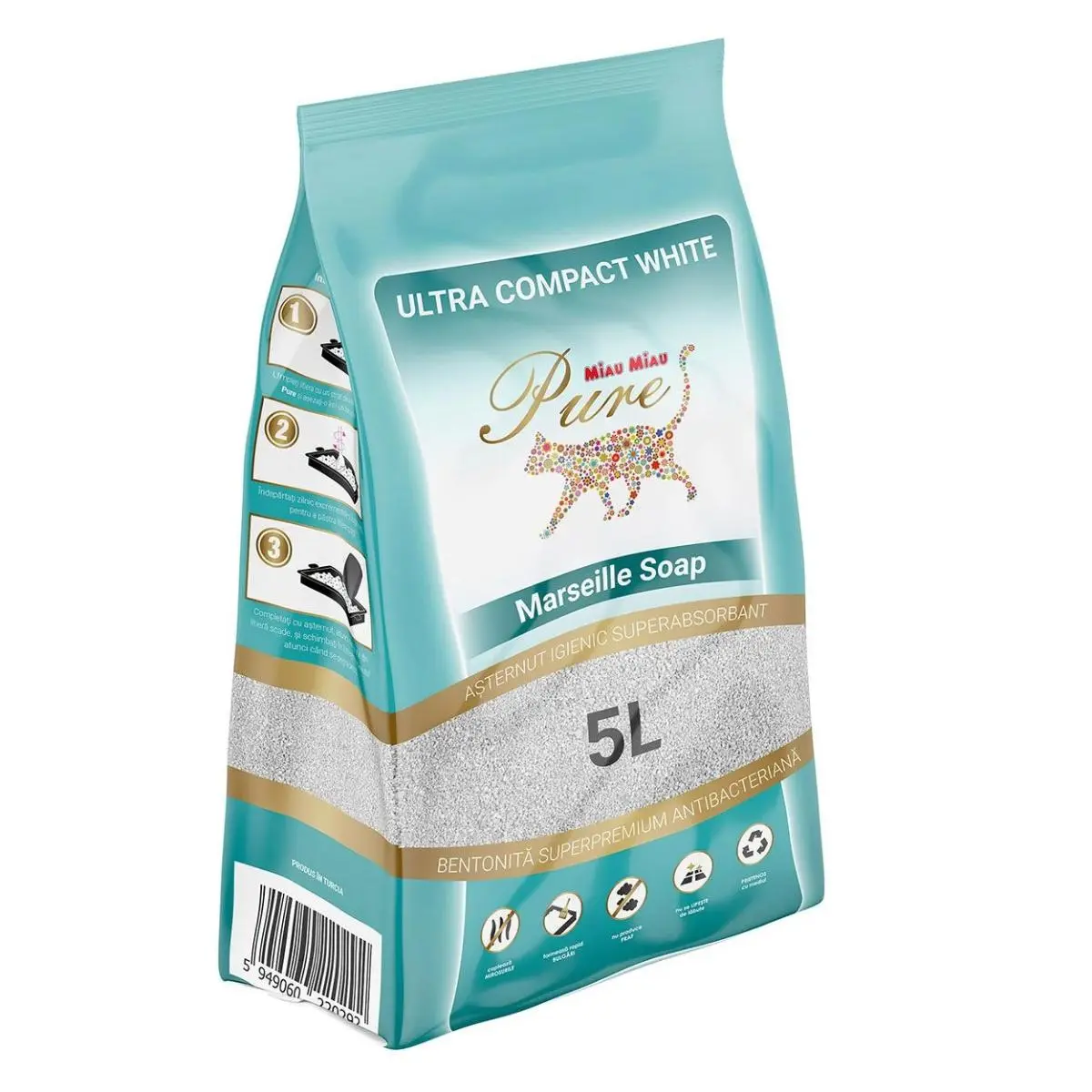 MIAU MIAU Pure Pure, sapun Marsilia, asternut igienic pisici, granule, bentonita, aglomerant, neutralizare mirosuri, 5l