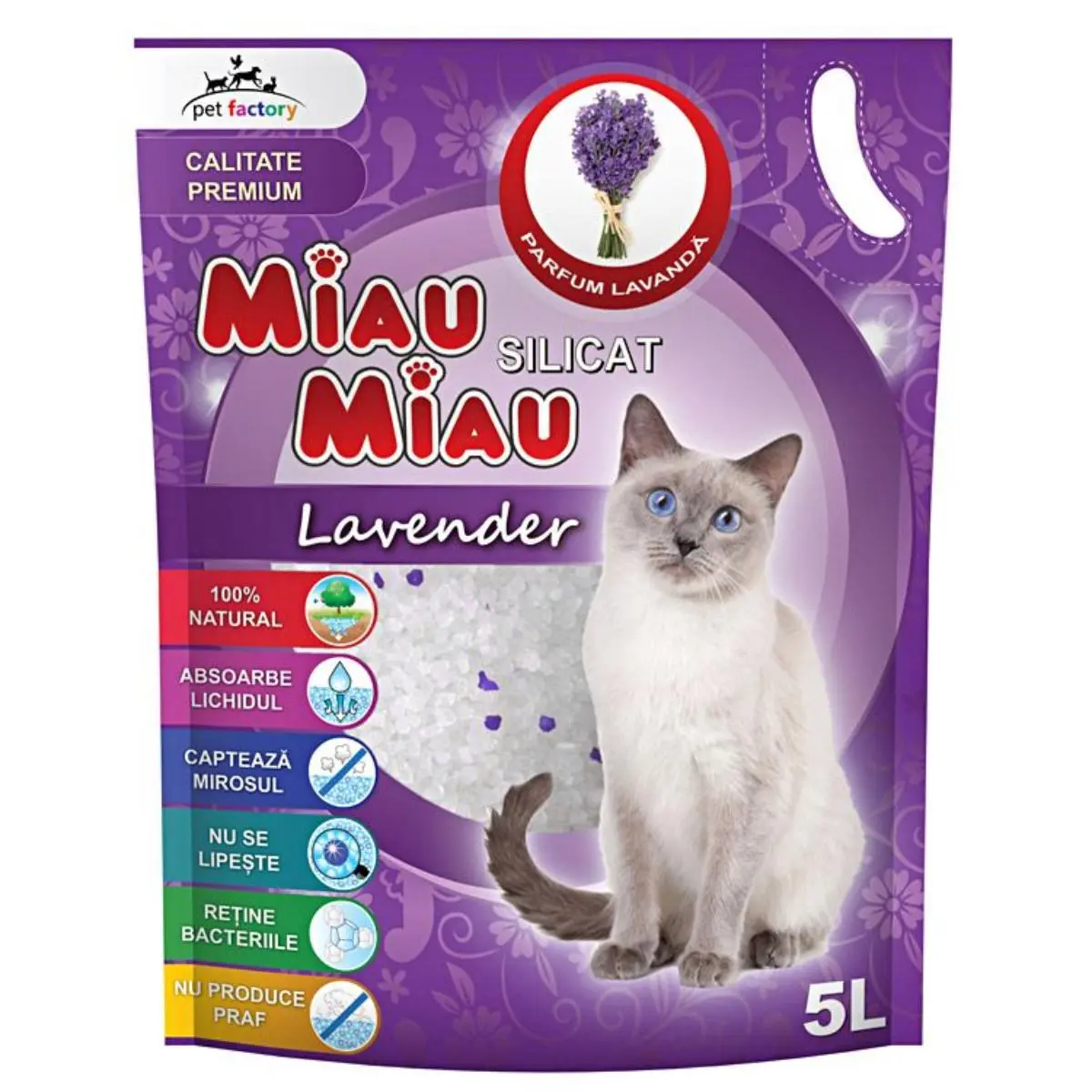 MIAU MIAU, Lavanda, asternut igienic pisici, granule, silicat, neaglomerant, neutralizare mirosuri, 5l