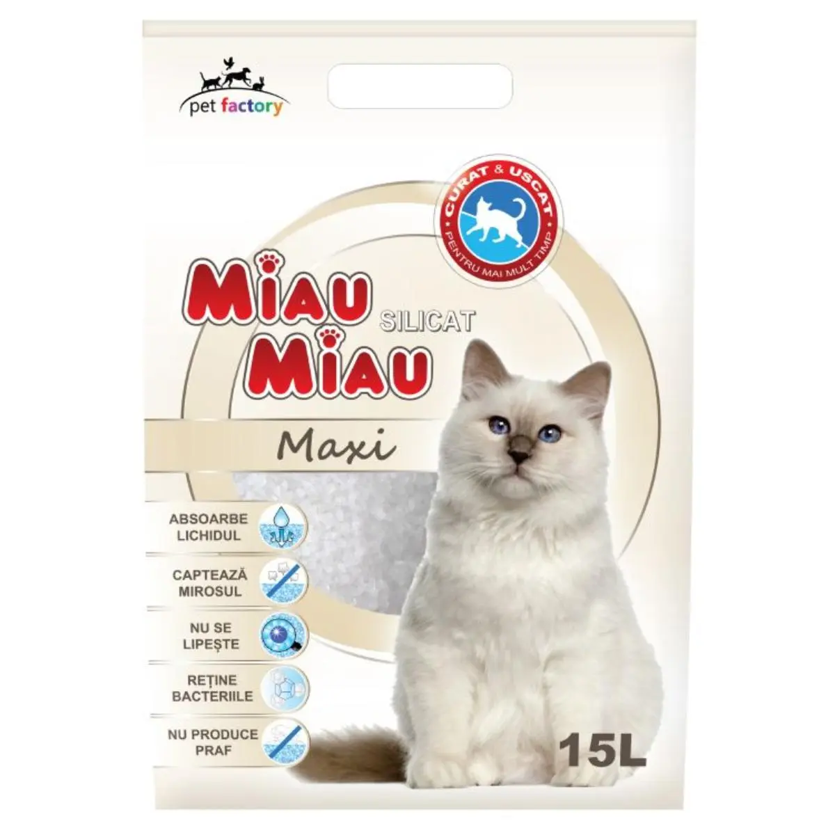 MIAU MIAU Maxi, neparfumat, asternut igienic pisici, granule, silicat, neaglomerant, neutralizare mirosuri, 15l