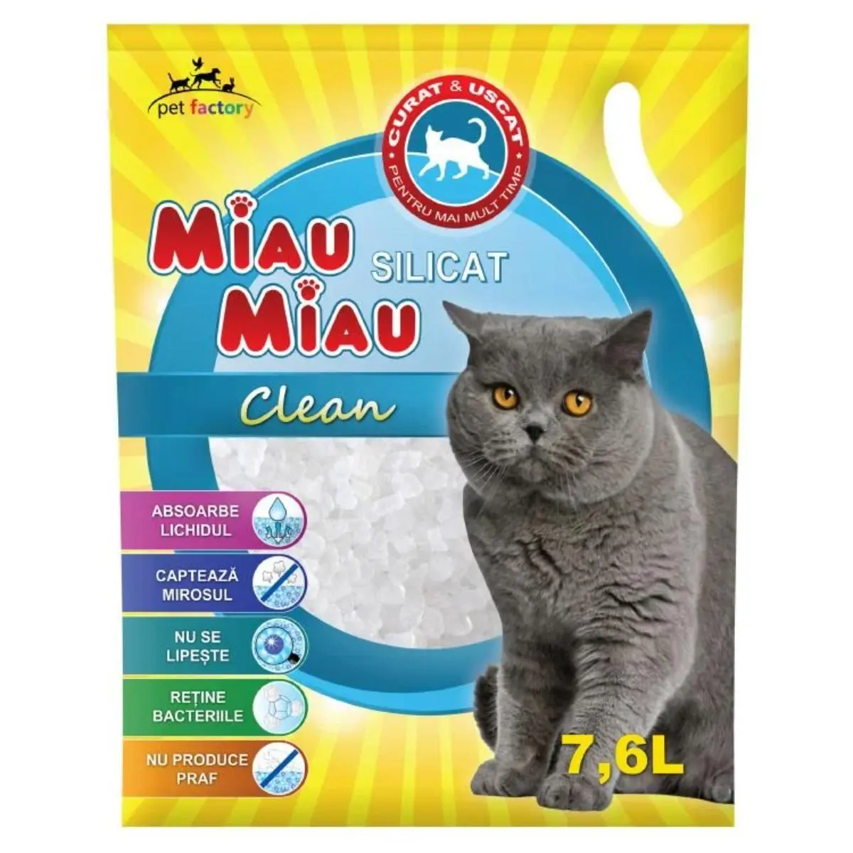 MIAU MIAU Clean, neparfumat, asternut igienic pisici, granule, silicat, neaglomerant, neutralizare mirosuri, 7.6l - Image 2