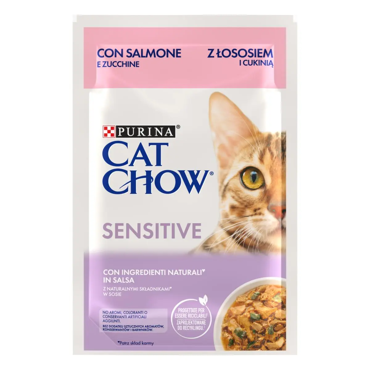 PURINA Cat Chow Sensitive, Somon si dovleac, hrana umeda pisici, sistem digestiv, (in sos) PURINA Cat Chow Sensitive, Somon si dovleac, plic hrana umeda pisici, sistem digestiv, (in sos), 85g