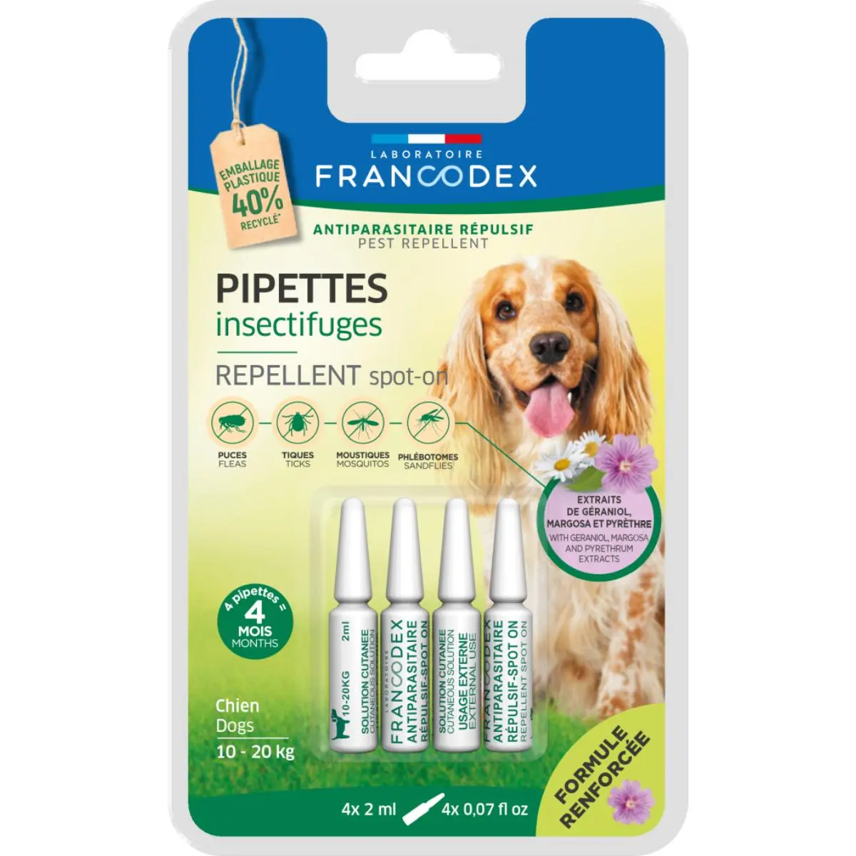 FRANCODEX, deparazitare externa naturala caini, pipeta repelenta FRANCODEX, deparazitare externa naturala caini, M(10 - 20kg), pipeta repelenta, 2ml x 4buc - Image 2
