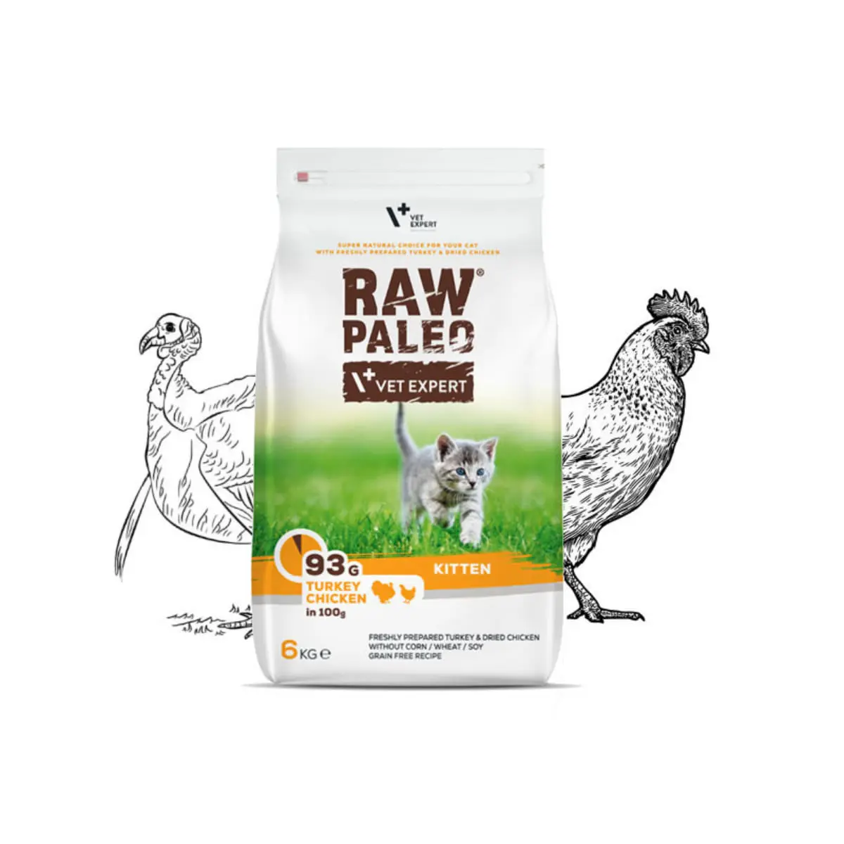 RAW PALEO Kitten, Curcan si Pui, hrana uscata fara cereale pisici junior, 6kg