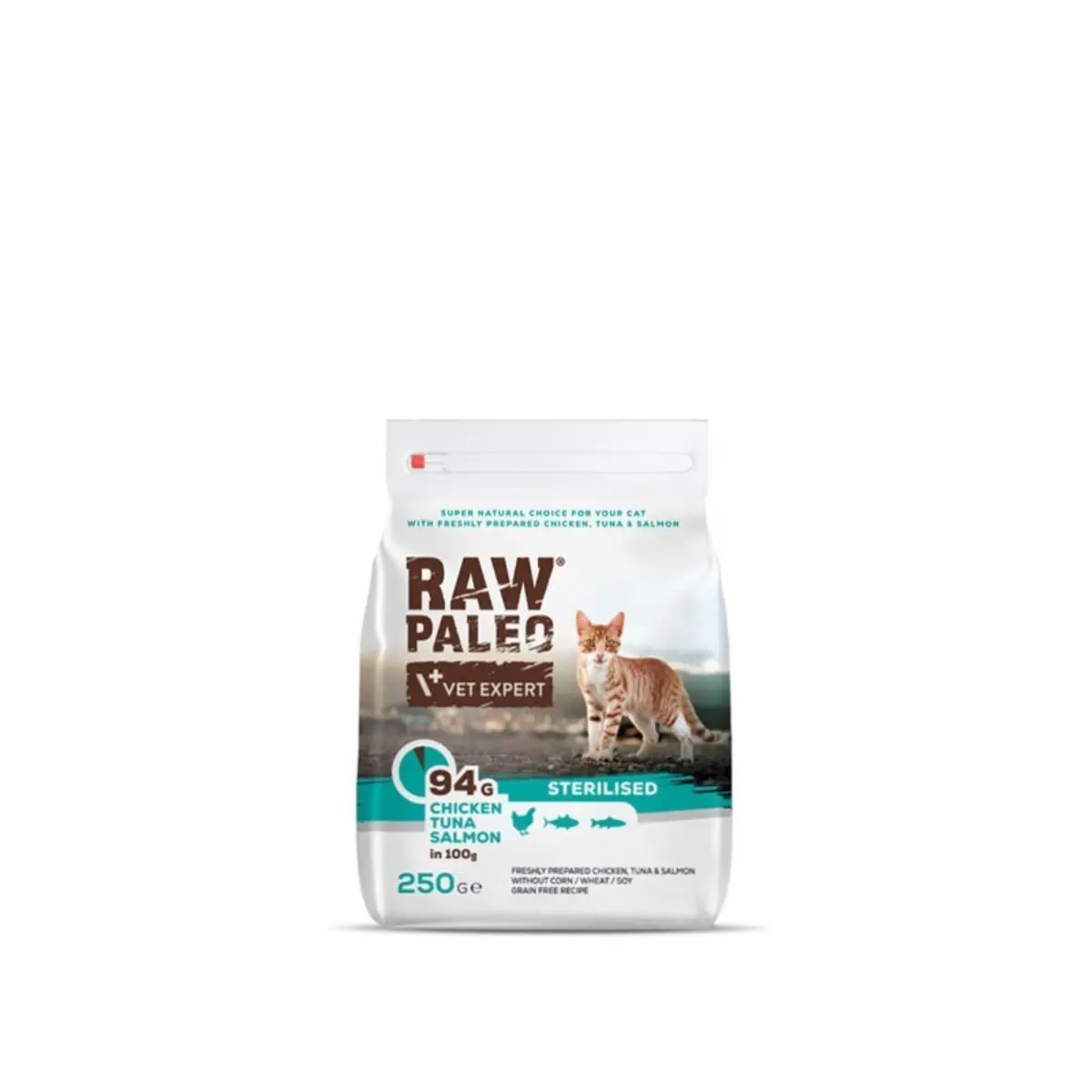 RAW PALEO Sterilised Pui, Ton si Somon, hrana uscata fara cereale pisici sterilizate, 250g