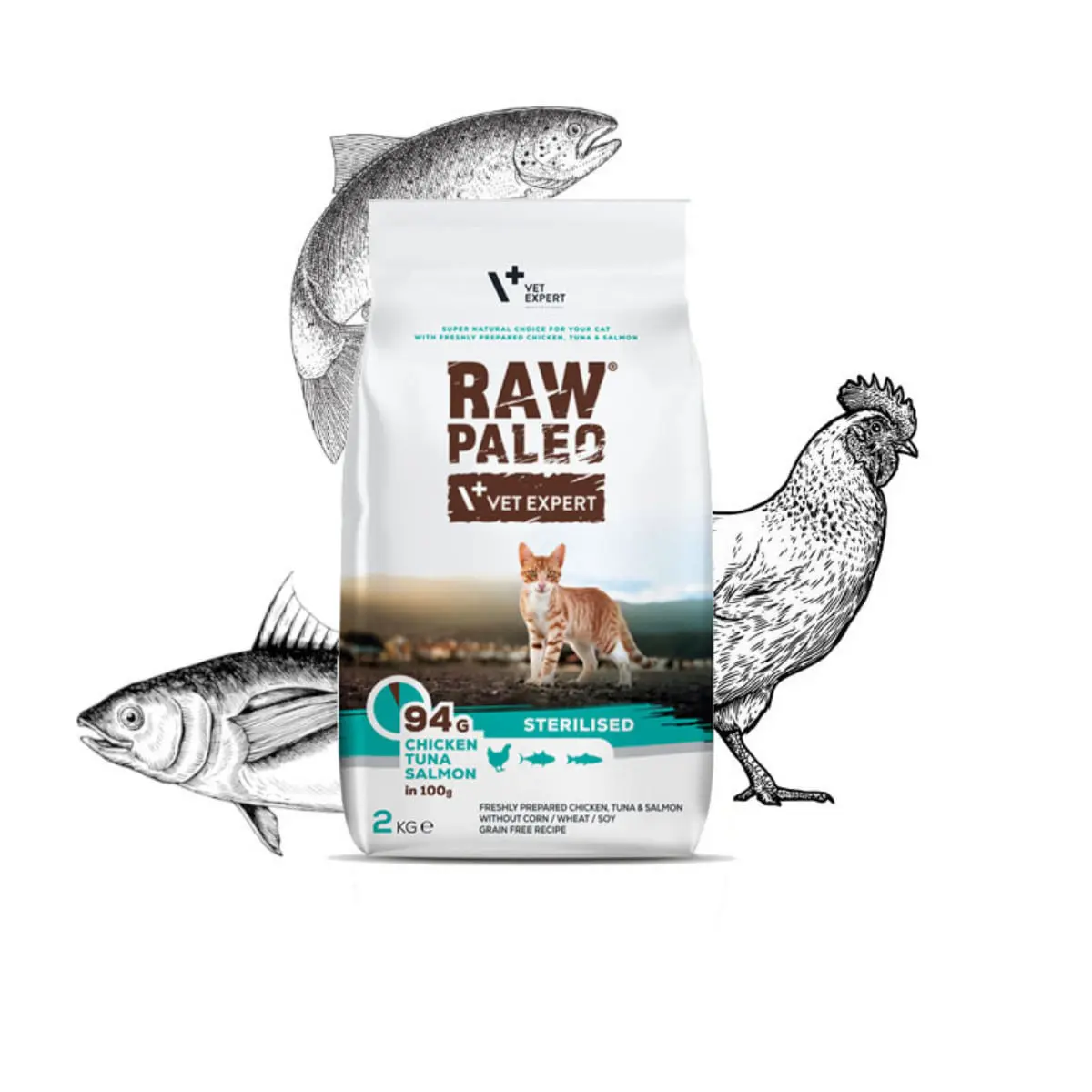 RAW PALEO Sterilised Pui, Ton si Somon, hrana uscata fara cereale pisici sterilizate, 2kg