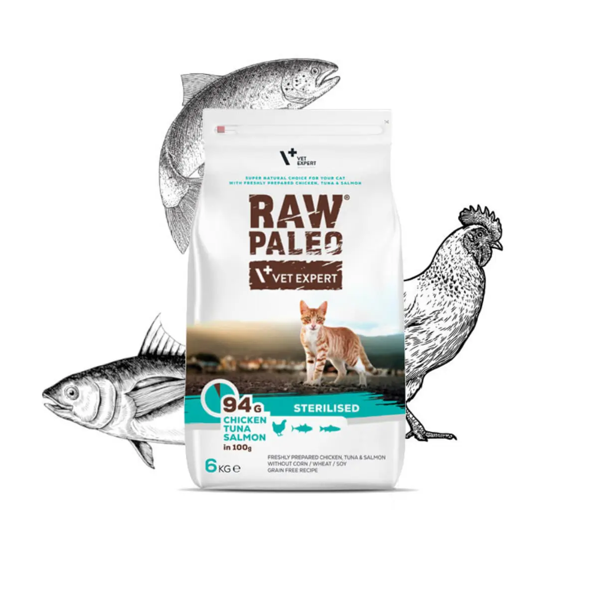 RAW PALEO Sterilised Pui, Ton si Somon, hrana uscata fara cereale pisici sterilizate, 6kg - Image 2