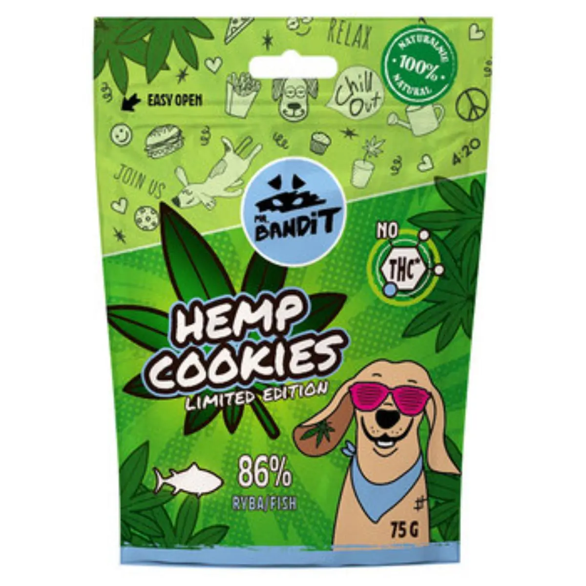MR BANDIT Hemp Cookies, XS-XL, Peste, punguta recompense fara cereale caini, 75g