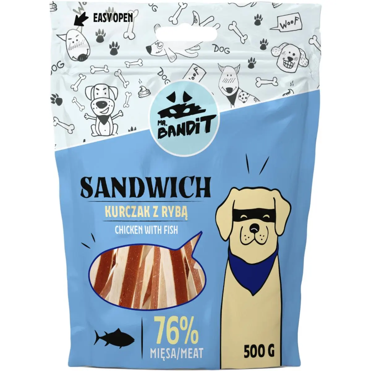 MR BANDIT Sandwich, XS-XL, Pui si Peste, punguta recompense caini, 500g