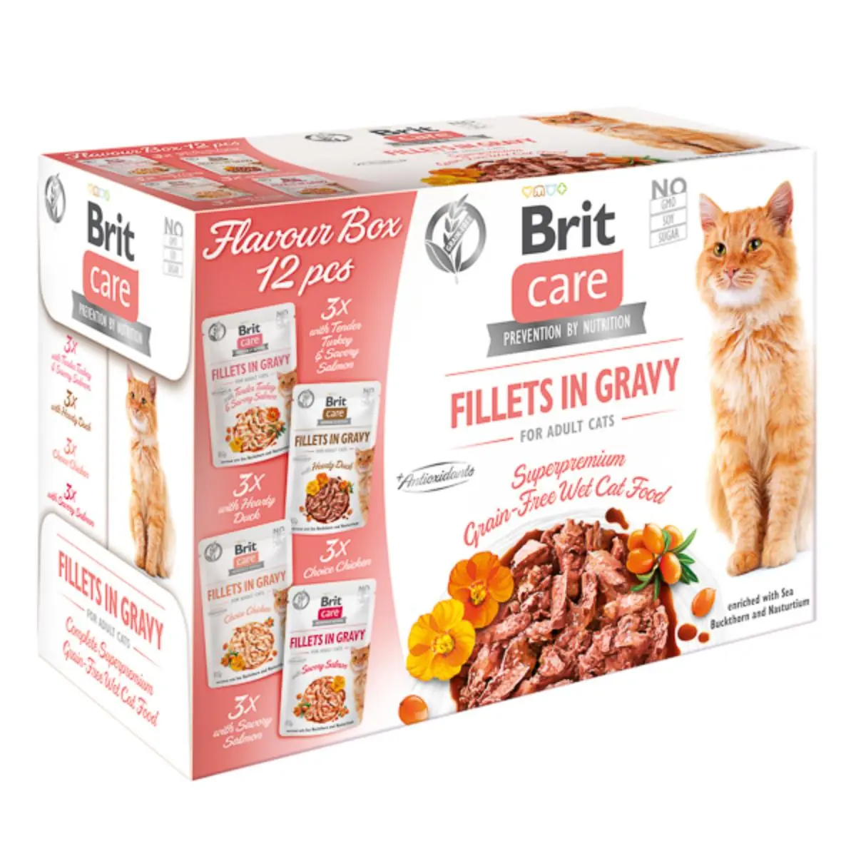 BRIT Care Flavour Box Fillet In Gravy, 4 arome, plic hrana umeda fara cereale pisici, (in sos), 85g x 12
