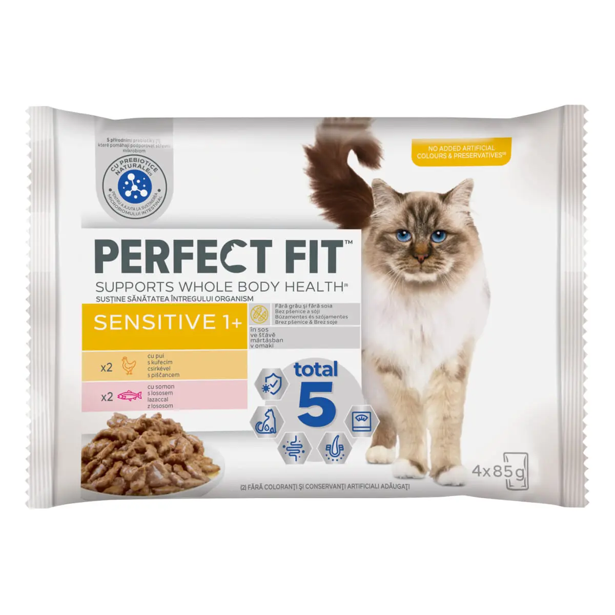 PERFECT FIT Cat Sensitive 1+ , Pui si Somon, plic hrana umeda pisici, sistem digestiv, (in sos), multipack, 85g x 4buc - Image 2
