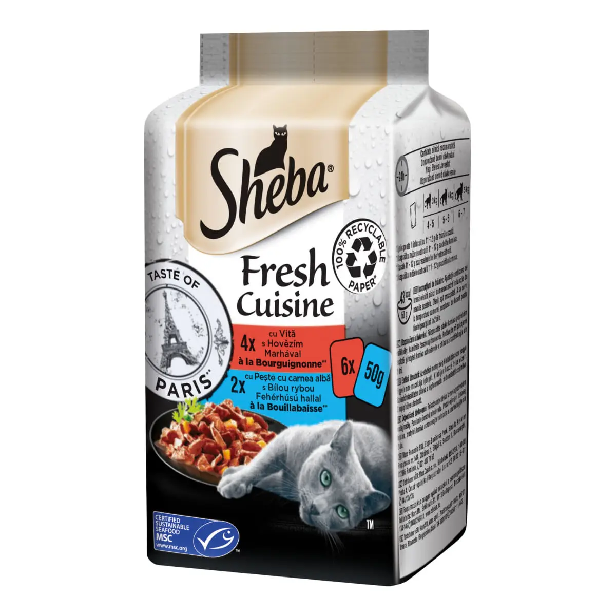 SHEBA Fresh Cuisine Taste of Paris, Vita si Peste, plic hrana umeda pisici, (in supa), multipack, 50g x 6buc