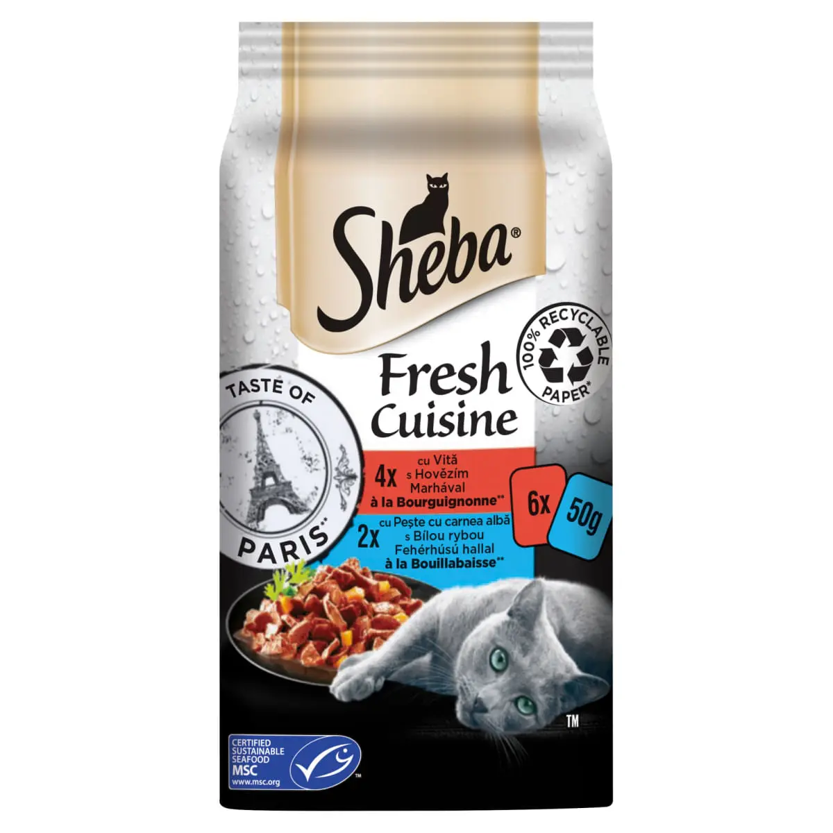 SHEBA Fresh Cuisine Taste of Paris, Vita si Peste, plic hrana umeda pisici, (in supa), multipack, 50g x 6buc - Image 3