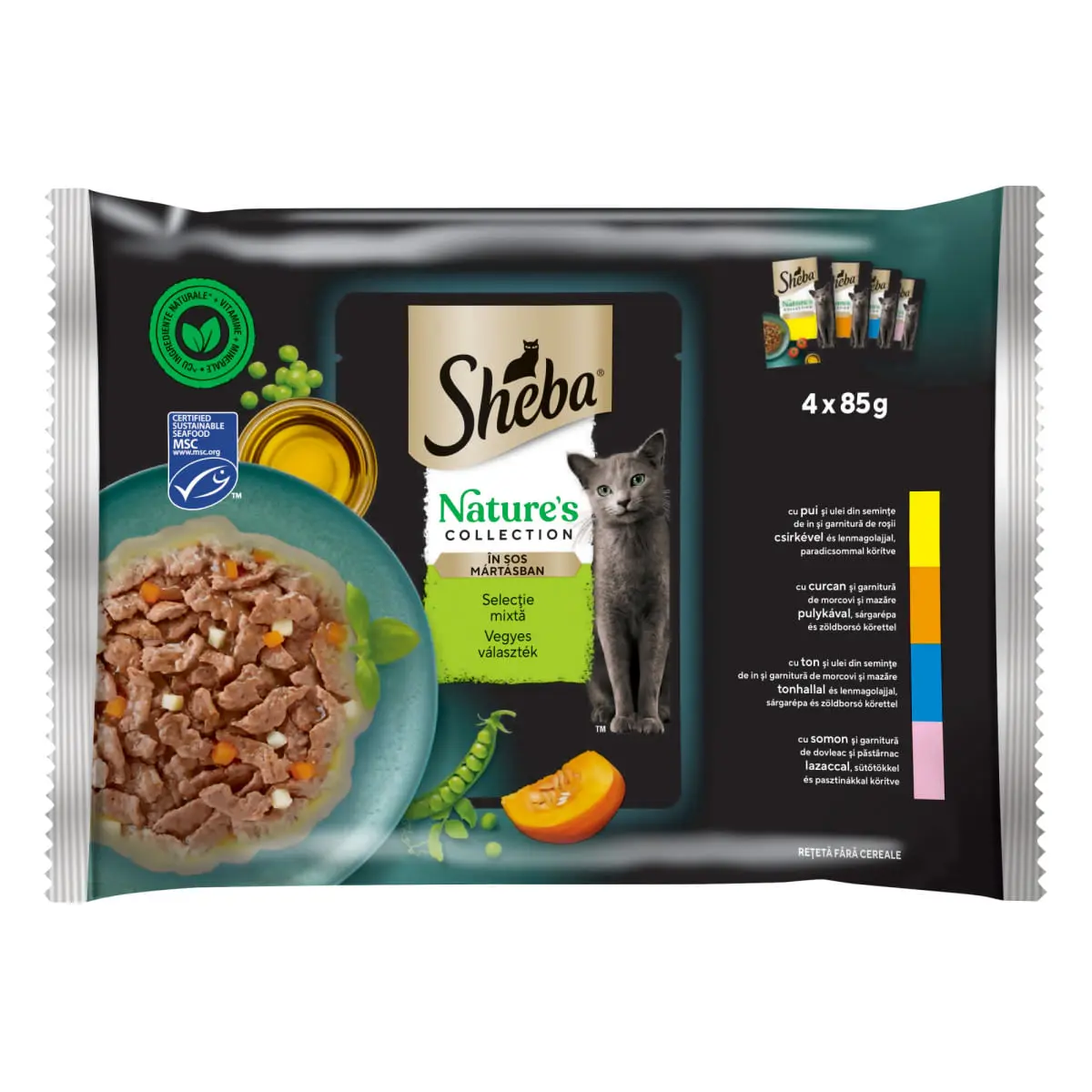 SHEBA Nature's Collection Selectie Mixta, Carne si Peste, plic hrana umeda fara cereale pisici, (in sos), multipack, 85g x 4buc