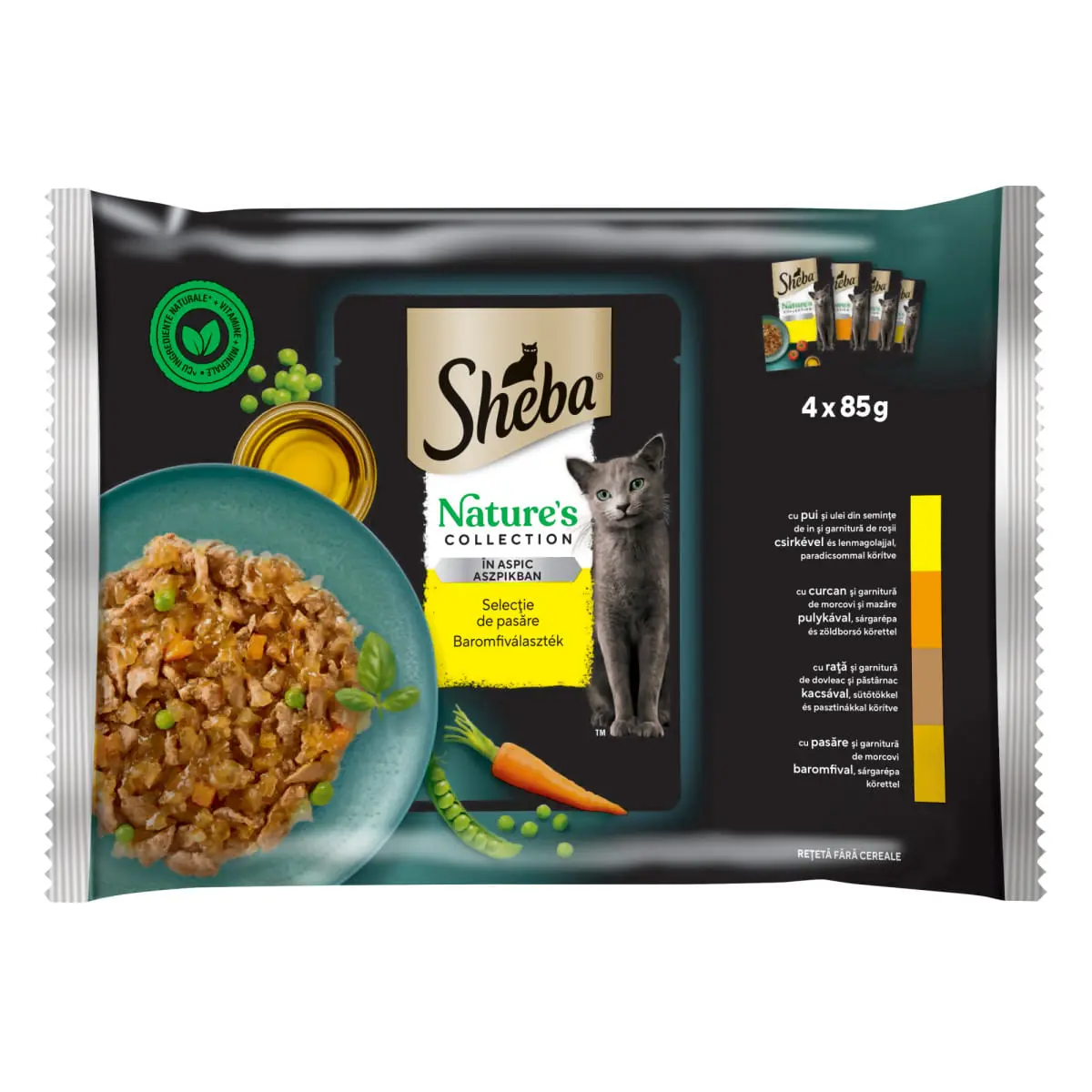 SHEBA Nature's Collection, Pasare, plic hrana umeda fara cereale pisici, (in sos), multipack, 85g x 4buc SHEBA Nature's Collection, Pasare, plic hrana umeda fara cereale pisici, (in sos), 85g x4buc