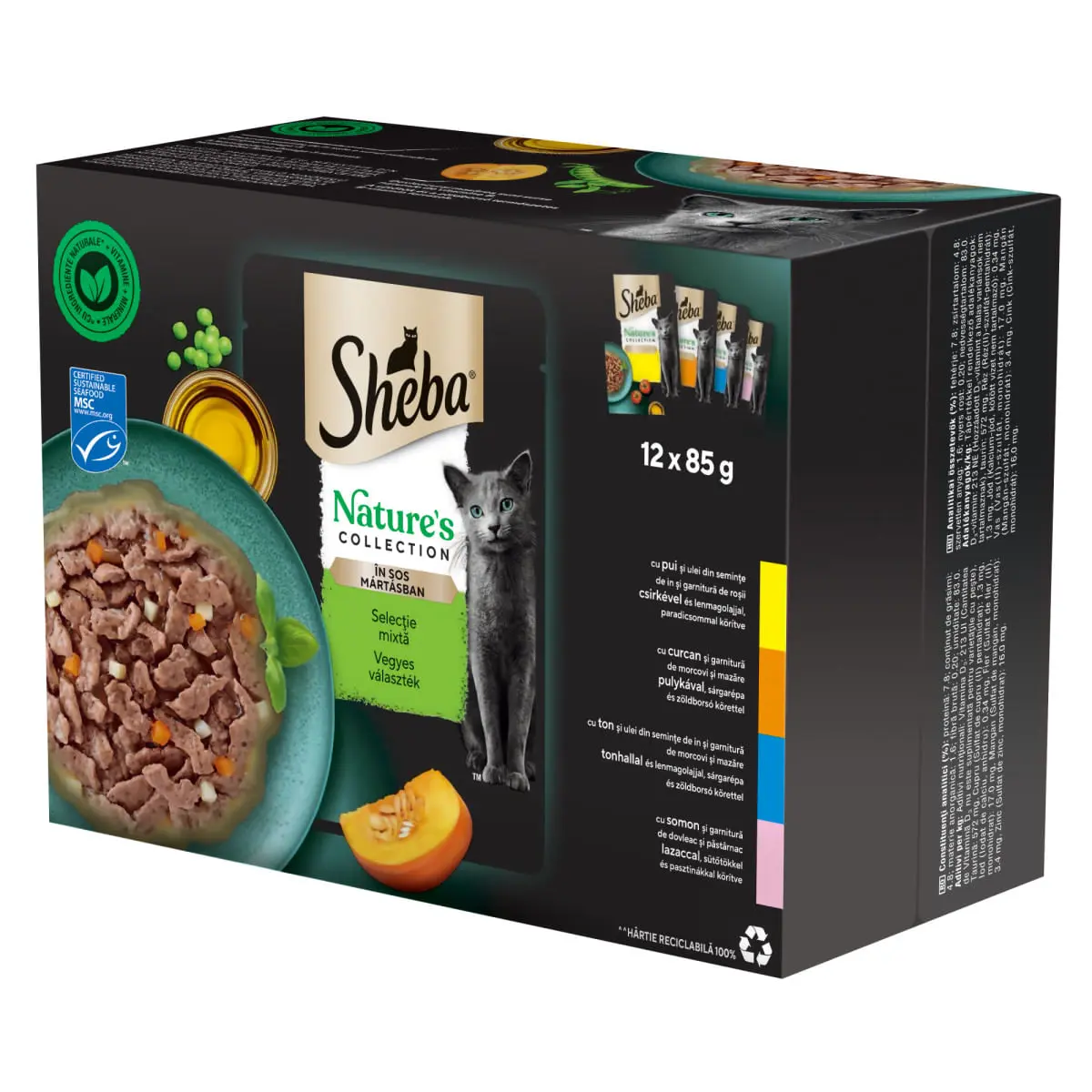 SHEBA Nature's Collection Selectie Mixta, Carne si Peste, plic hrana umeda fara cereale pisici, (in sos), megapack, 85g x 12buc