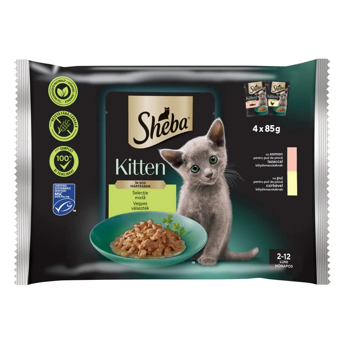 SHEBA Kitten Selectie Mixta, Somon si Pui, plic hrana umeda pisici junior, (in sos), multipack, 85g