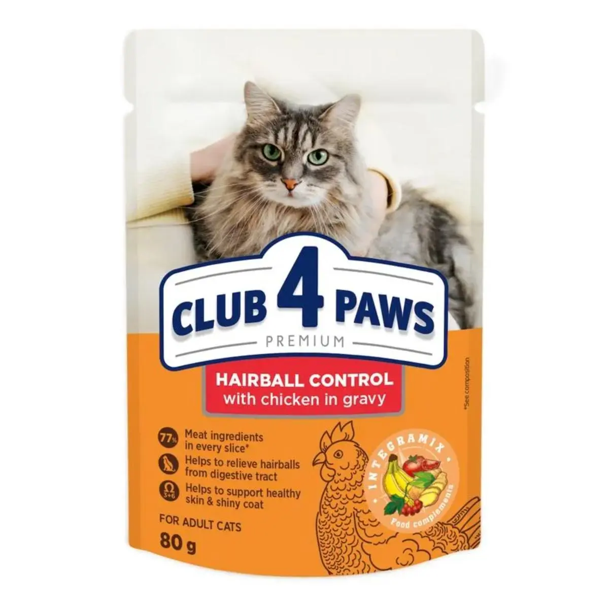 CLUB 4 PAWS Premium Hairball Control, Pui, plic hrana umeda pisici, limitarea ghemurilor de blana, (in sos), 80g CLUB 4 PAWS Premium Hairball Control, Pui, plic hrana umeda pisici, limitarea ghemurilor de blana, (in sos), bax, 80g x 24 - Image 2