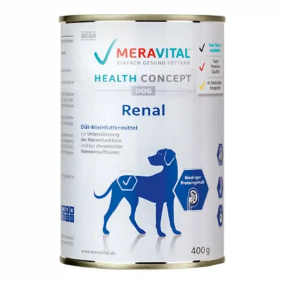 MERA Vital Renal, XS-XL, Vita si Pui, dieta veterinara, conserva hrana umeda fara cereale caini, sistem renal, (pate), 400g - Image 2