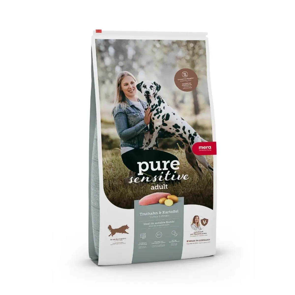 MERA Pure Sensitive Adult Medium Maxi, M-XL, Curcan si Cartofi, hrana uscata fara cereale caini, alergii, 12.5kg