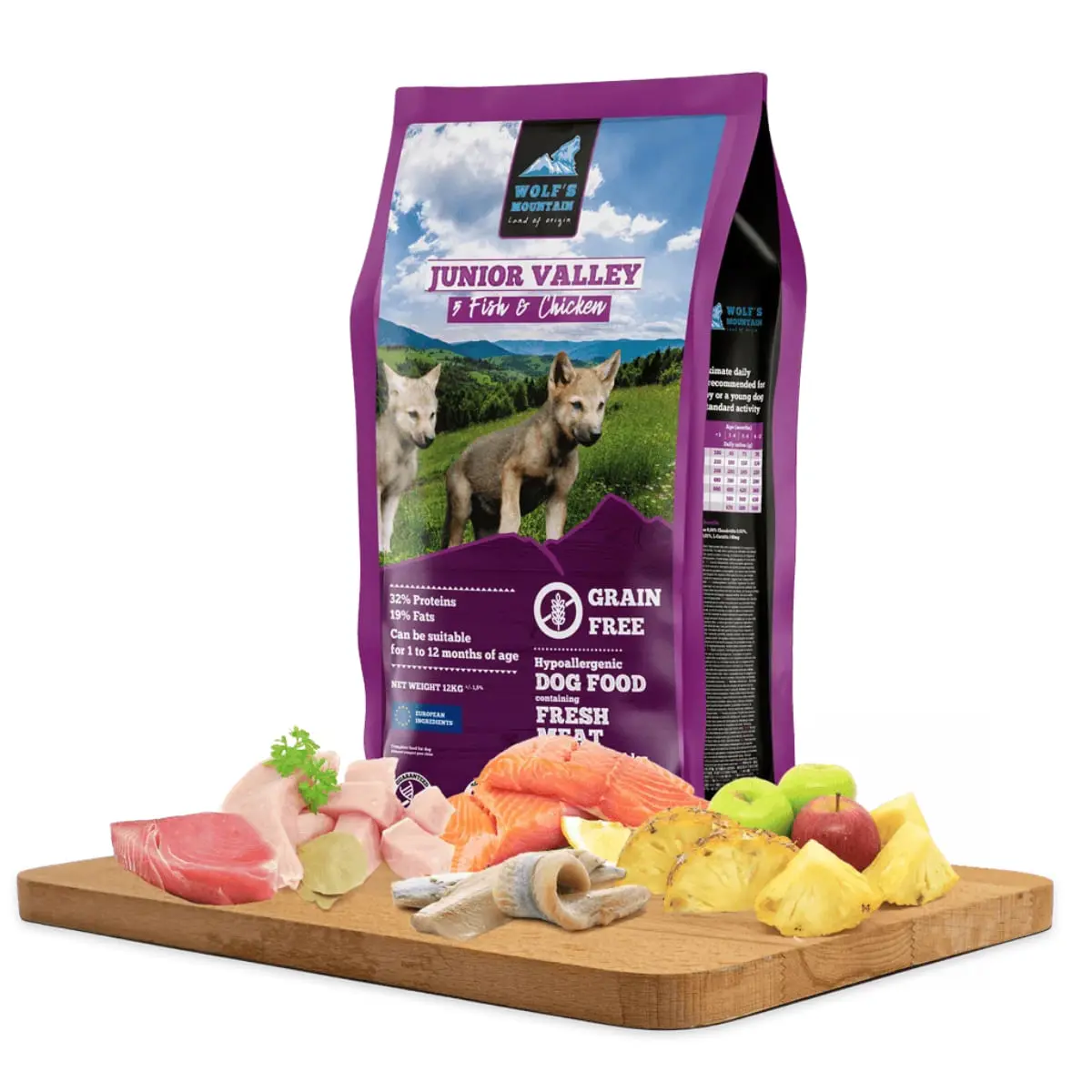 WOLF'S MOUNTAIN Junior Valley, XS-XL, Peste si Pui, hrana uscata fara cereale caini, 12kg