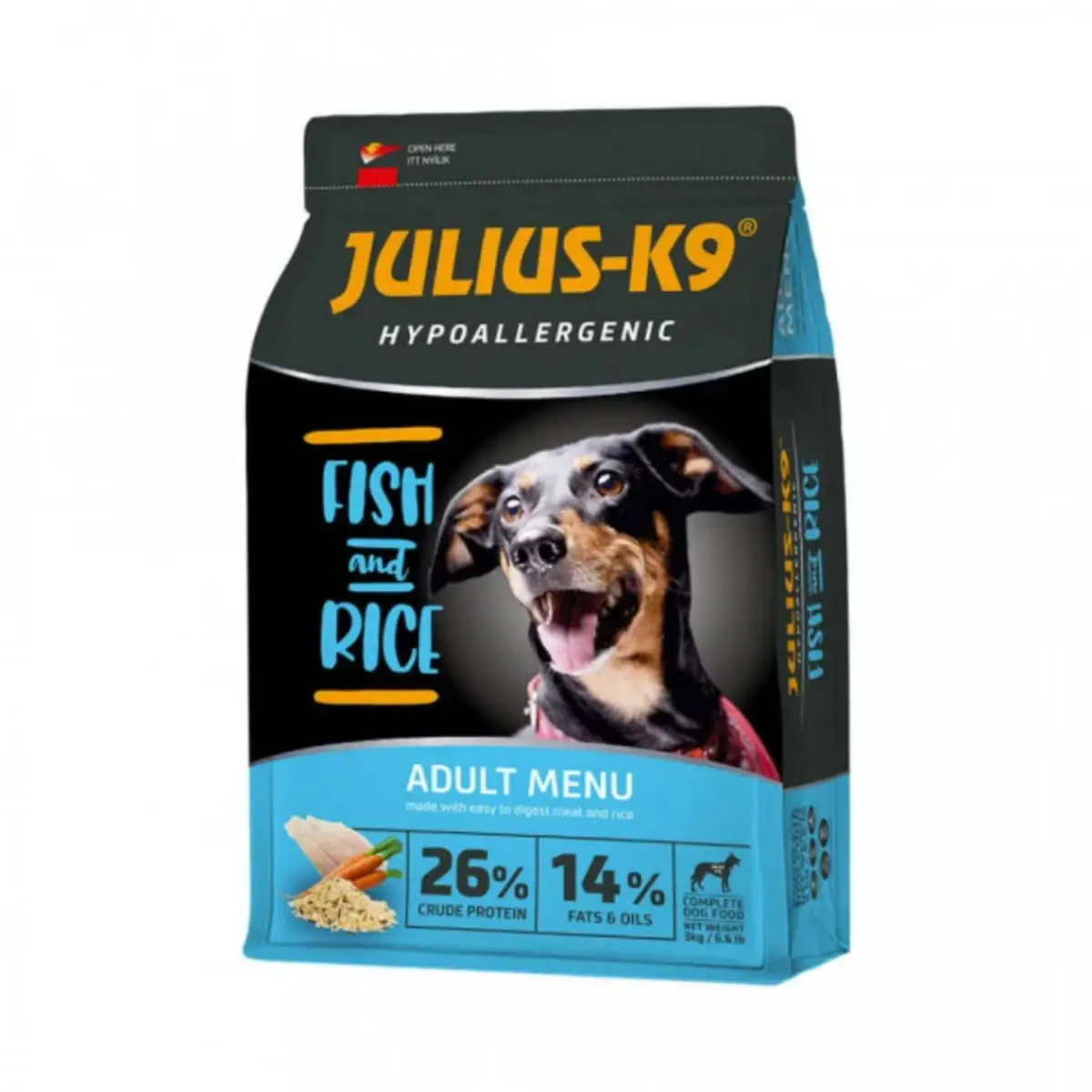 JULIUS-K9 Hypoallergenic Adult Menu, XS-XL, Peste si Orez, hrana uscata caini, alergii, 3kg