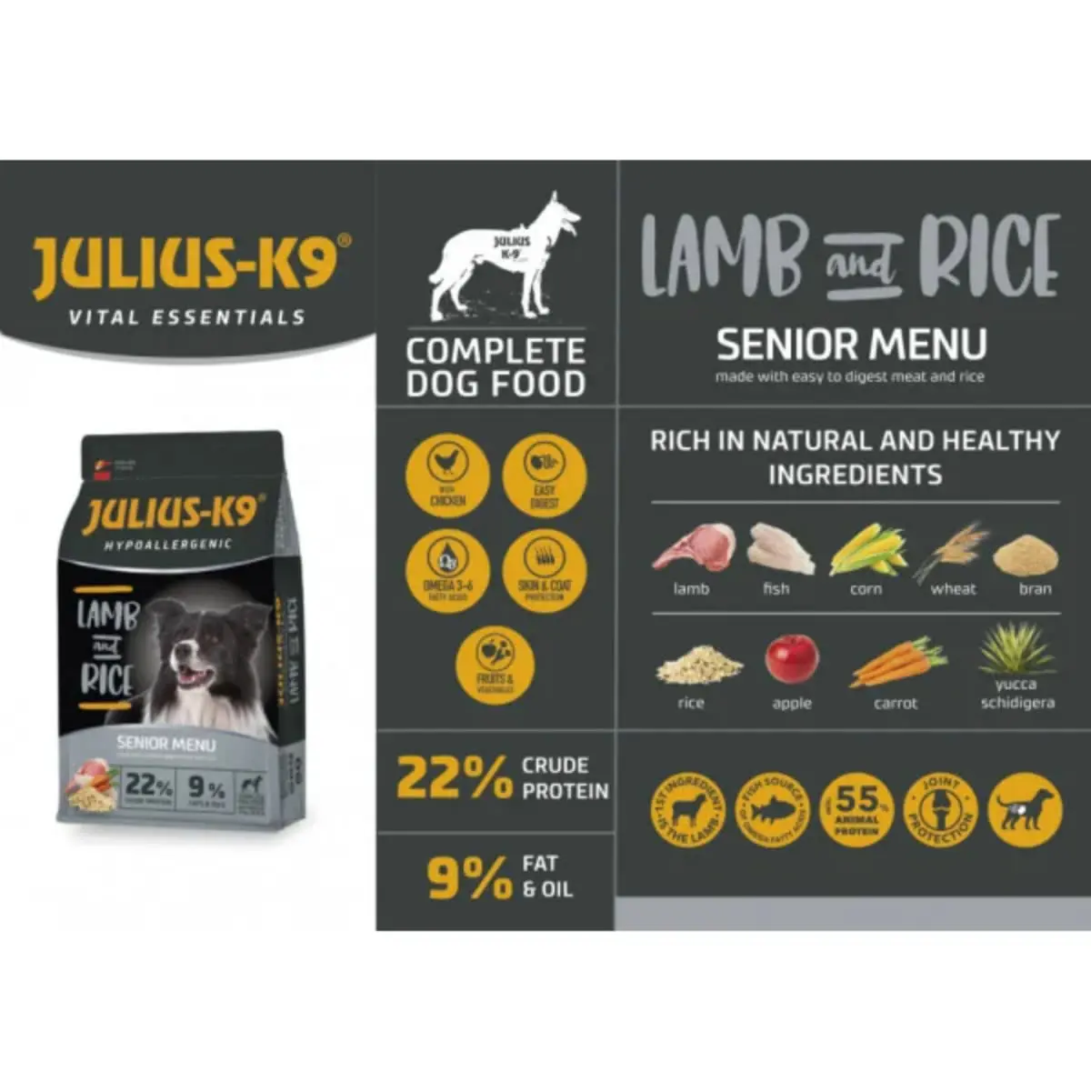 JULIUS-K9 Hypoallergenic Senior Menu, XS-XL, Miel si Orez, hrana uscata caini senior, alergii, 3kg - Image 3