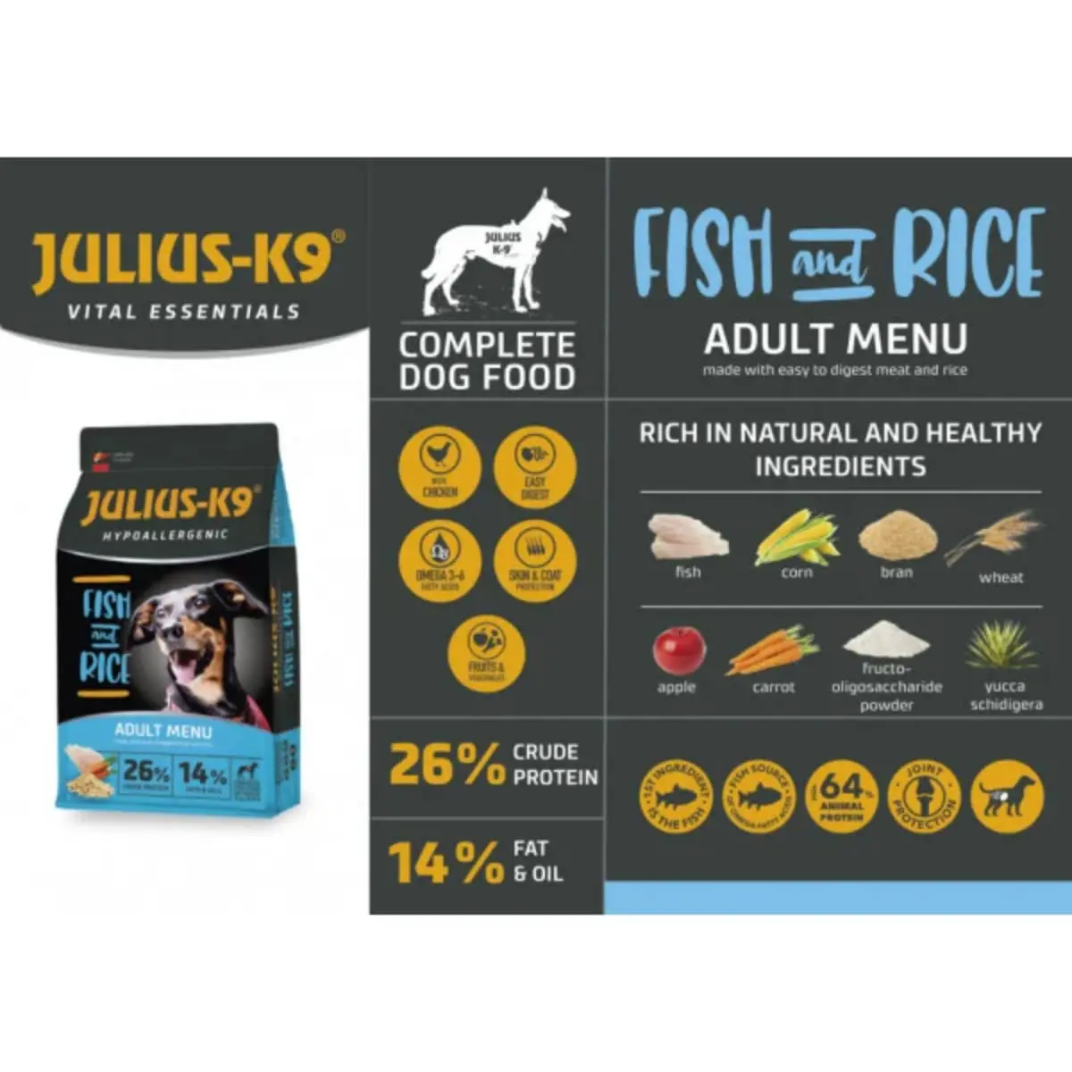 JULIUS-K9 Hypoallergenic Adult Menu, XS-XL, Peste si Orez, hrana uscata caini, alergii, 3kg - Image 3