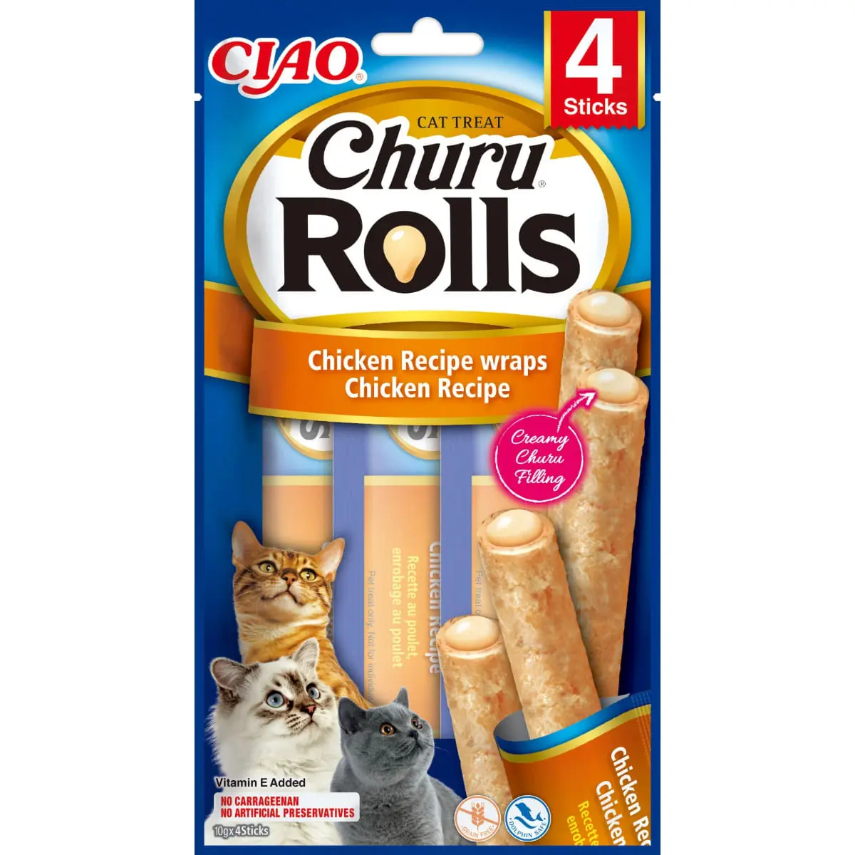 INABA Churu Rolls, Pui si Ton, plic, tub recompense fara cereale pisici, 40g