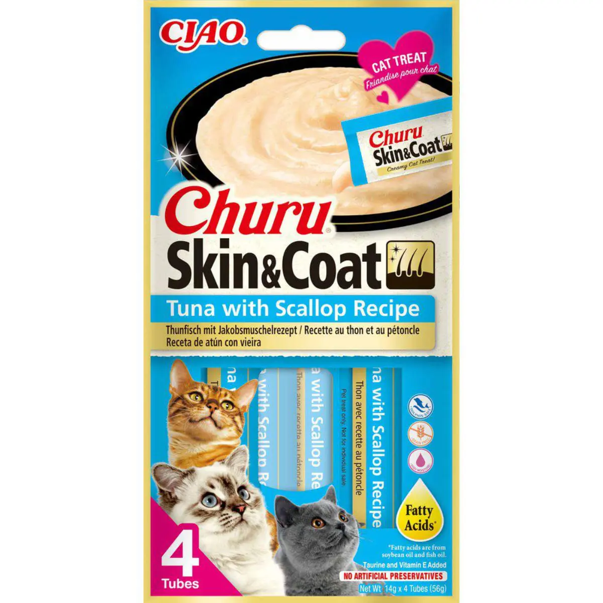 INABA Churu Skin & Coat, Ton si Scoici, plic, tub recompense fara cereale pisici, piele & blana, (piure), 56g - Image 2