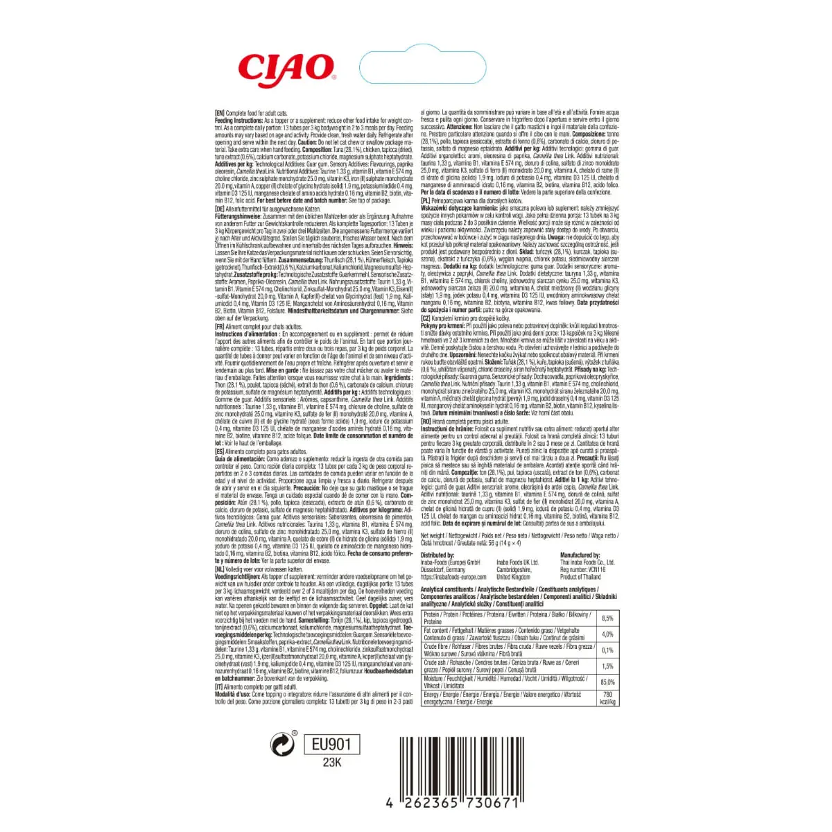 INABA Churu Meal Topper, Ton, plic, tub recompense fara cereale pisici, (piure), 56g - Image 3