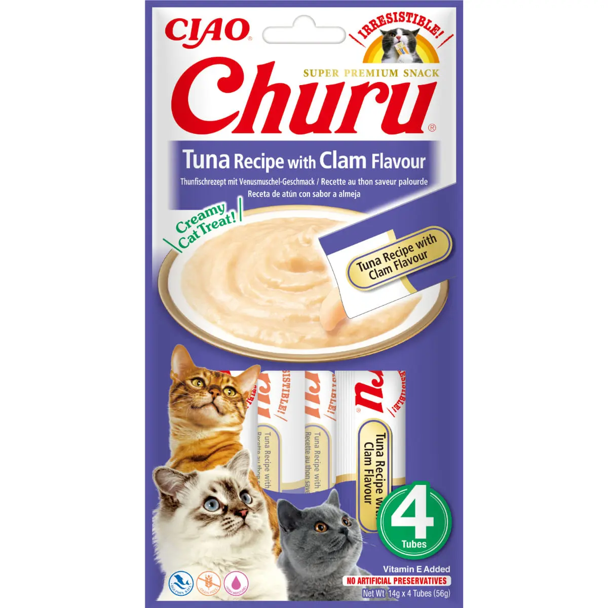 INABA Churu, Ton si Scoici, plic, tub recompense fara cereale pisici, (piure), 56g - Image 2