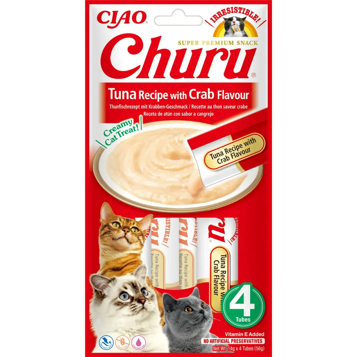 INABA Churu, Ton si Creveti, plic, tub recompense fara cereale pisici, (piure), 56g