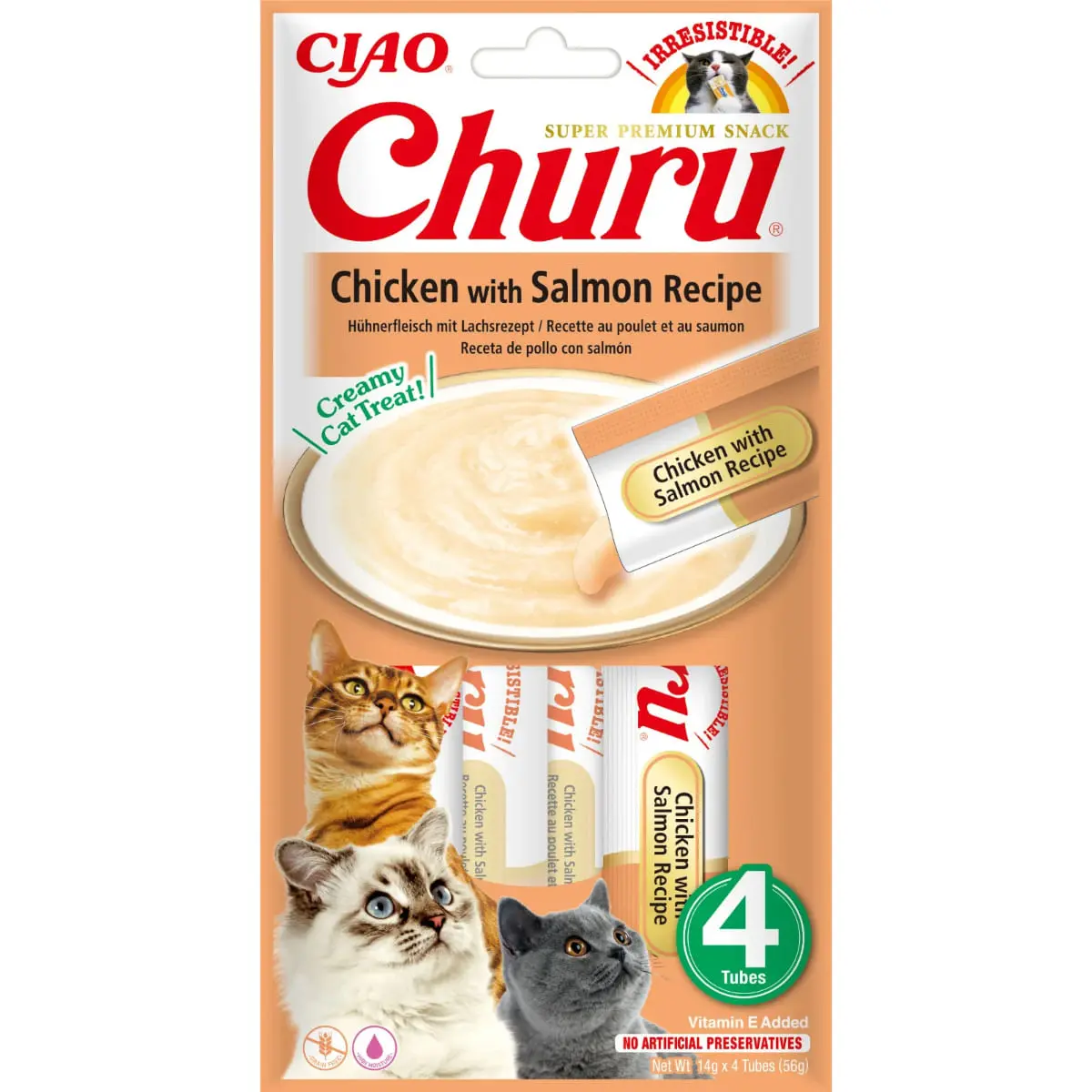 INABA Churu, Pui si Somon, plic, tub recompense fara cereale pisici, (piure), 56g