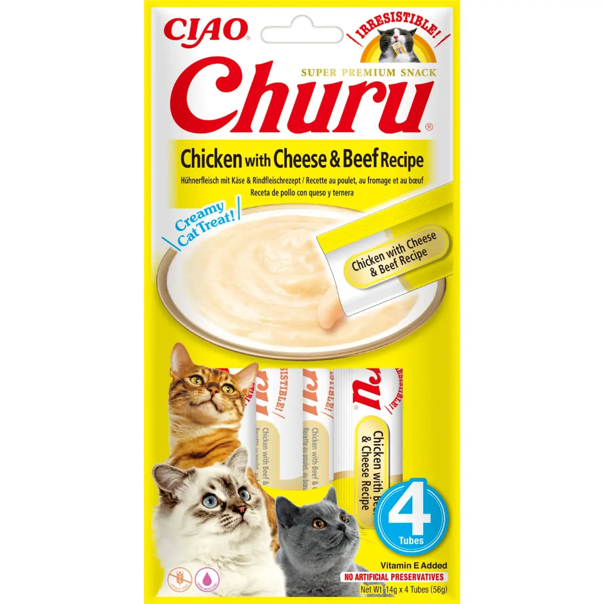 INABA Churu Pui, Branza si Vita, plic, tub recompense fara cereale pisici, (piure), 56g - Image 2