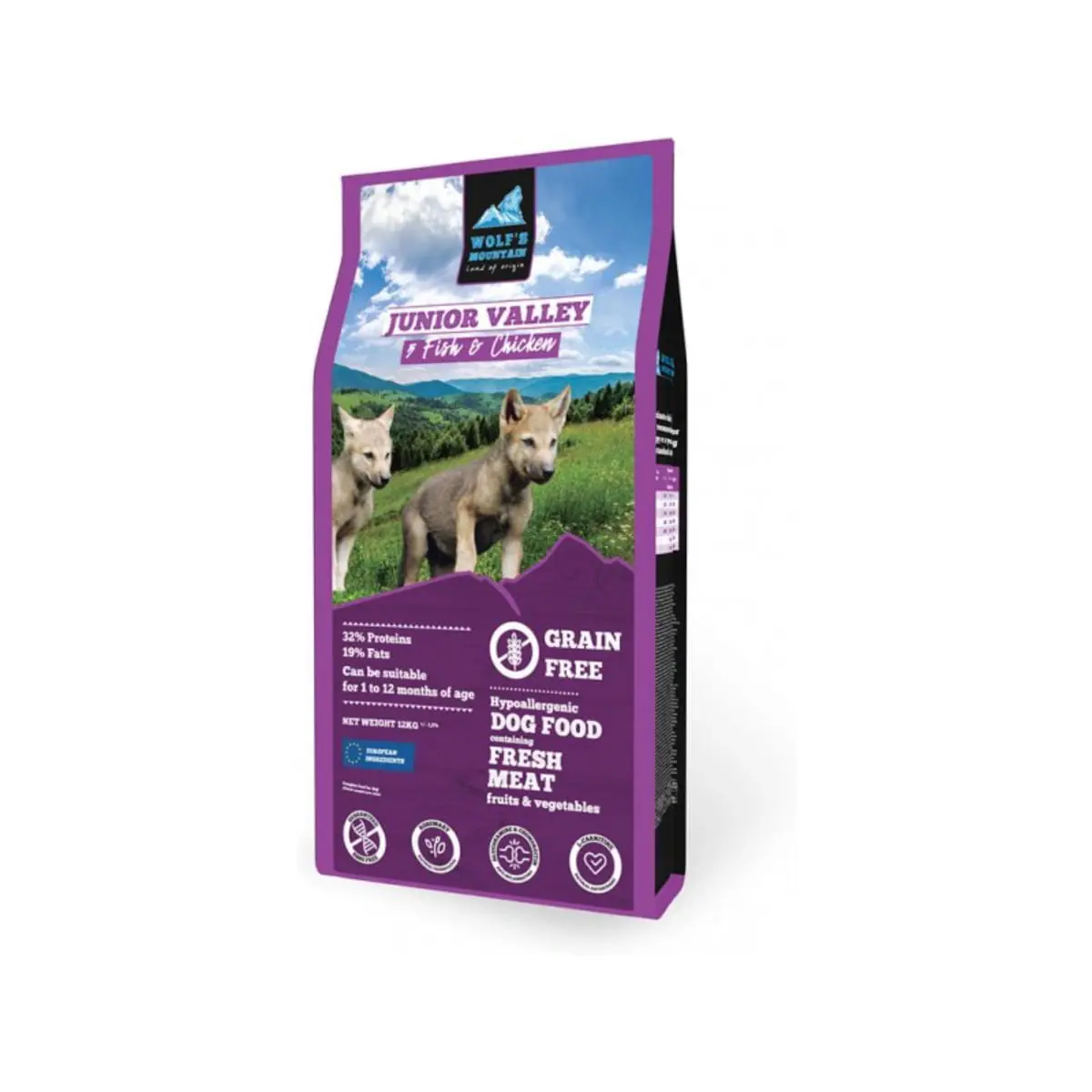 WOLF'S MOUNTAIN Junior Valley, XS-XL, Peste si Pui, hrana uscata fara cereale caini junior, 2kg