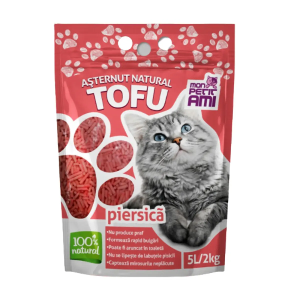 MON PETIT AMI Tofu, Piersici, asternut igienic pisici, peleti, tofu, aglomerant, neutralizare mirosuri, biodegradabil, 5l