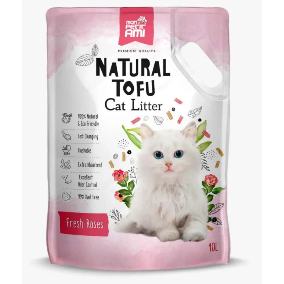 MON PETIT AMI Natural Tofu, Trandafir, asternut igienic pisici, peleti, tofu, aglomerant, ecologic, biodegradabil, 10l