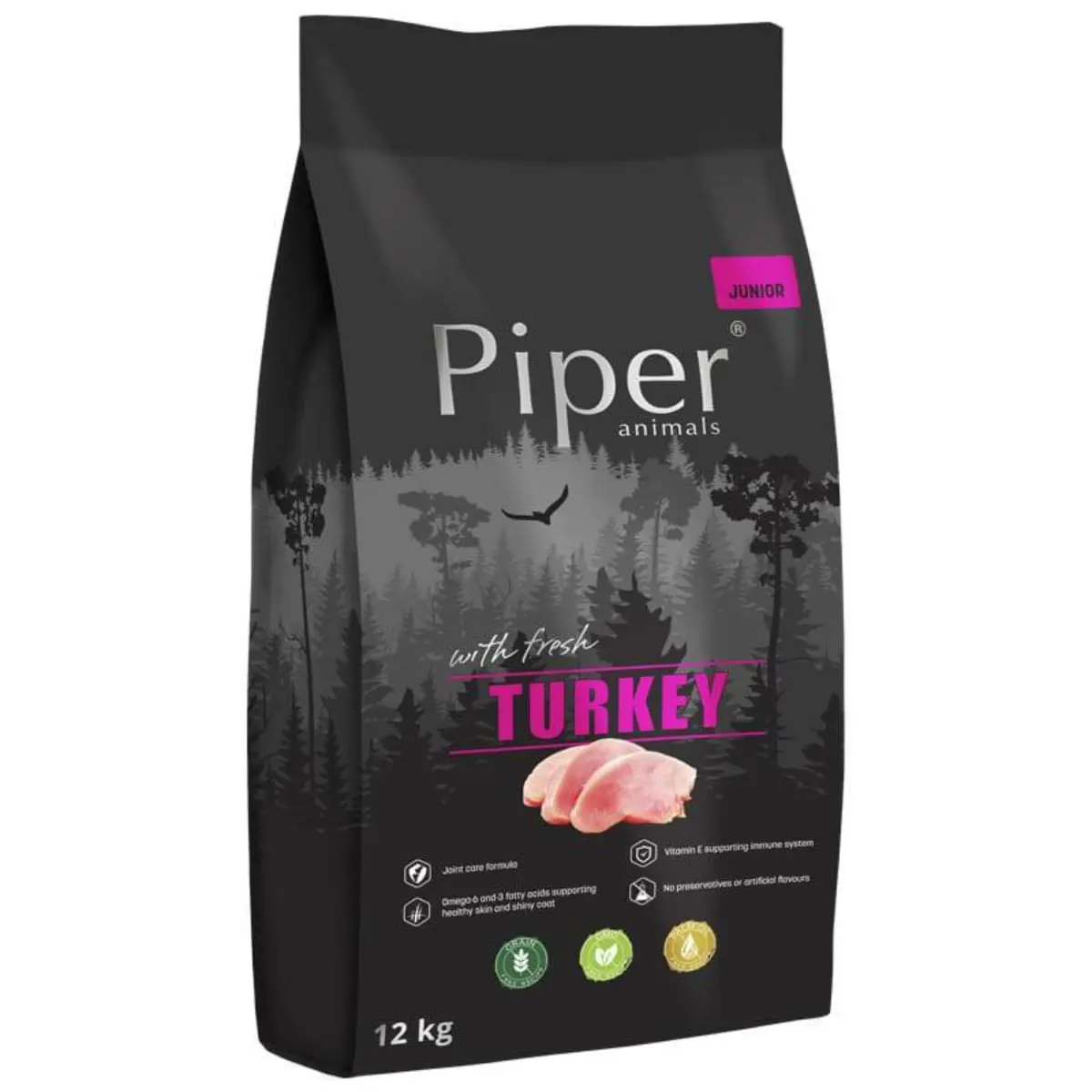 PIPER Junior, XS-XL, Curcan, hrana uscata fara cereale caini junior, 12kg