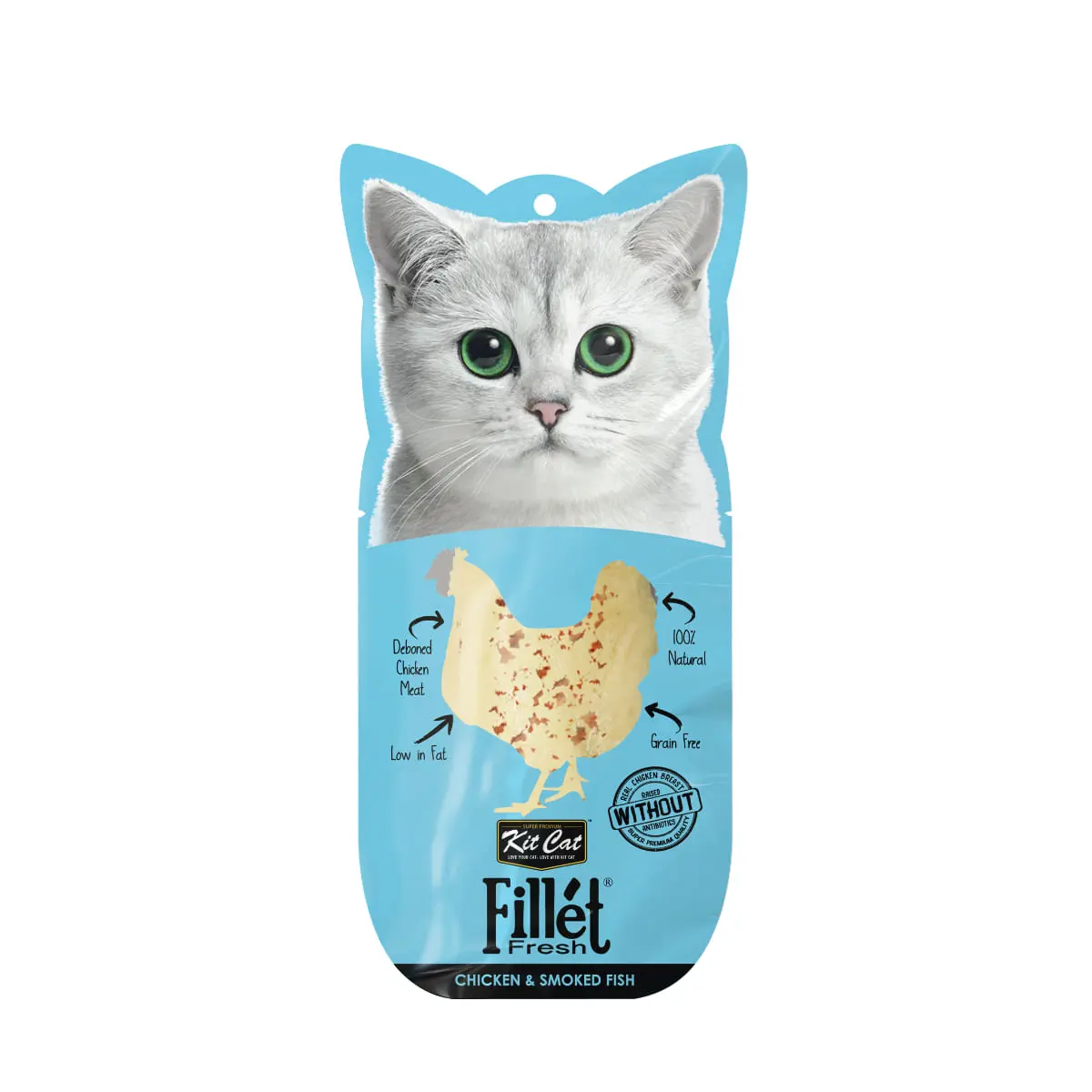 KIT CAT Fillet Fresh, Pui si Peste, plic recompense fara cereale pisici, piele & blana, 30g