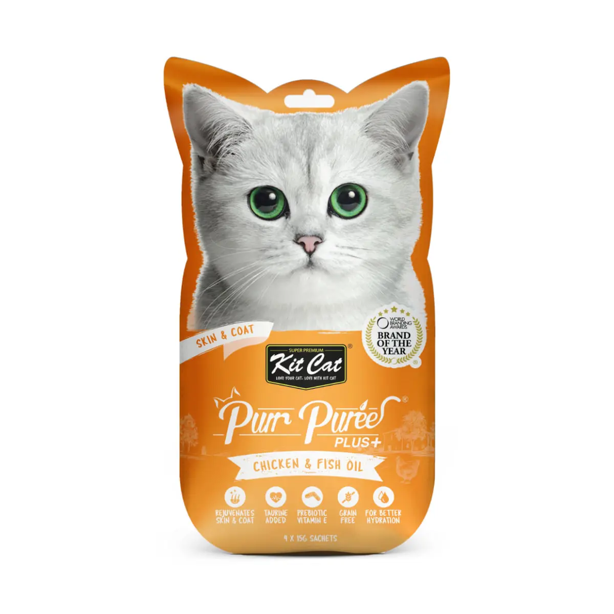 KIT CAT Purr Puree Plus Skin & Coat, Pui, plic, punguta recompense functionale fara cereale pisici, piele & blana, 15g x 4buc