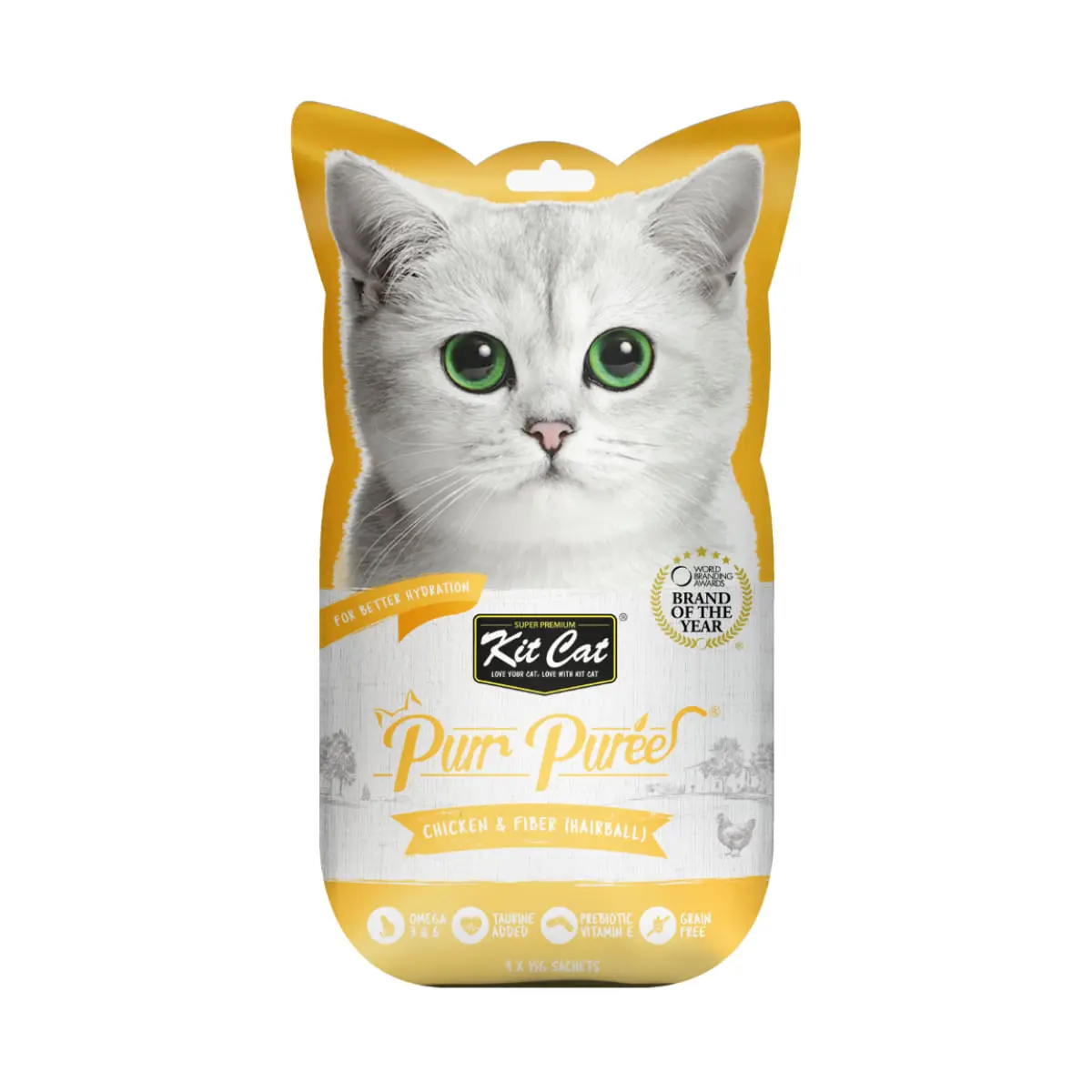 KIT CAT Purr Puree Hairball, Pui, plic, punguta recompense fara cereale pisici, limitarea ghemurilor de blana, (piure), 15g x 4buc