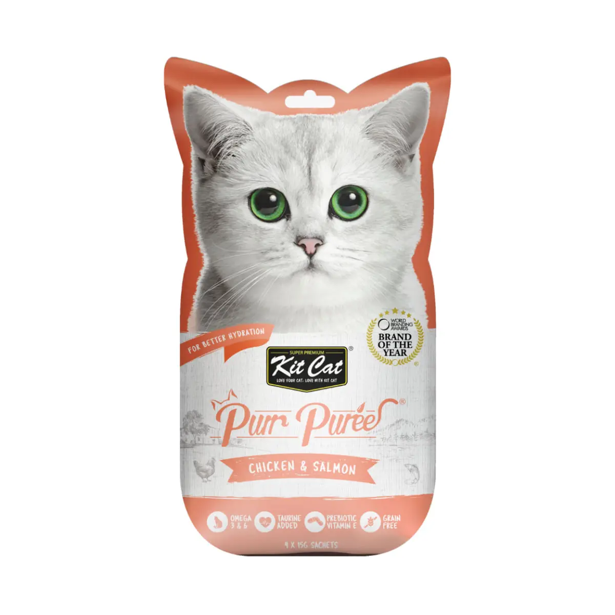 KIT CAT Purr Puree, Pui si Somon, plic, punguta recompense fara cereale pisici, (piure), 15g x 4buc - Image 2